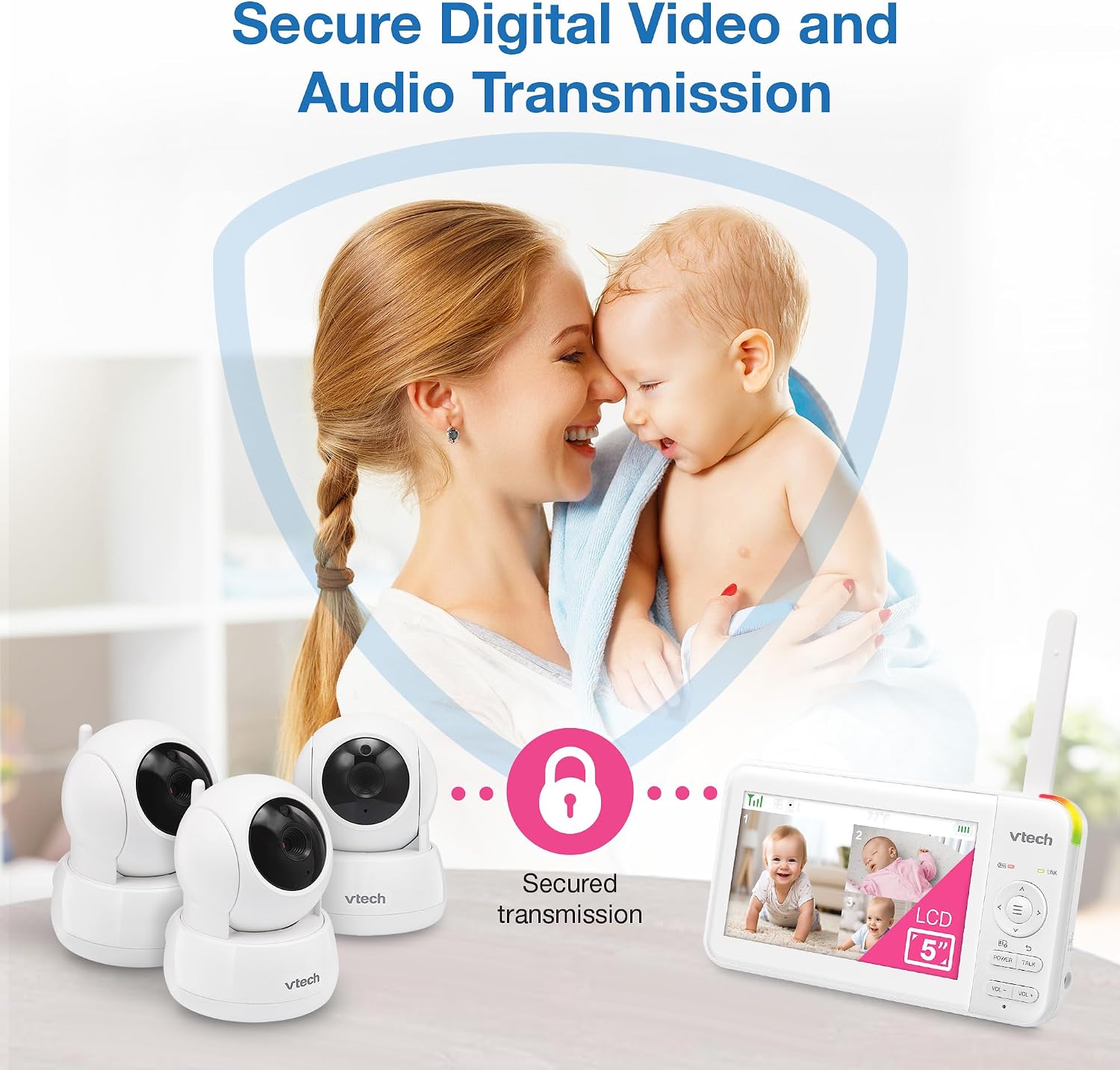 VTech 924-3W Video Baby Monitor with 3 Cameras, 5" LCD Screen, No WiFi, Pan Tilt Zoom, Up to 17Hrs Video & 31Hrs Audio Battery, 1000ft Range, Night Vision, Lullabies, Temperature Sensor, 2-Way Talk
