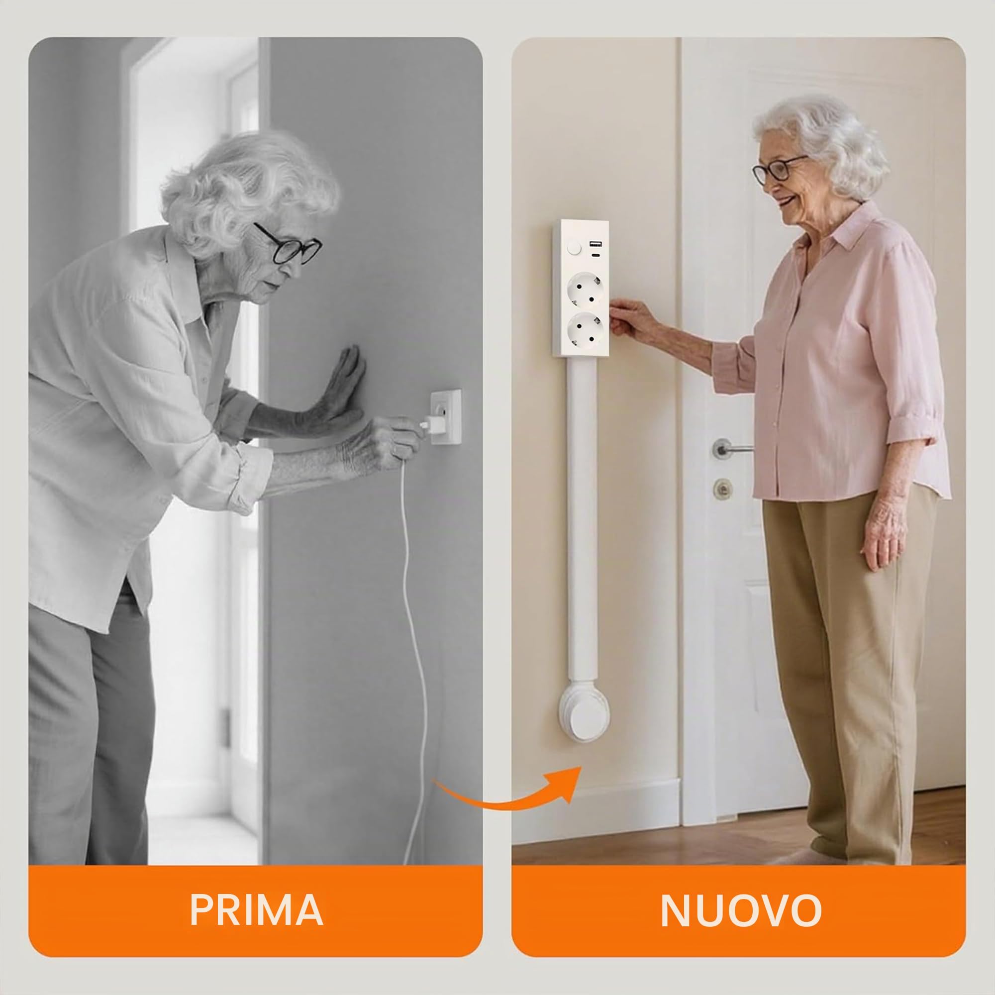 Multipresa con porte USB-A, USB-C e 2 prese di corrente, prolunga da parete estensibile e rotante, ideale per comodini, divani, scrivanie e altri luoghi di difficile accesso.