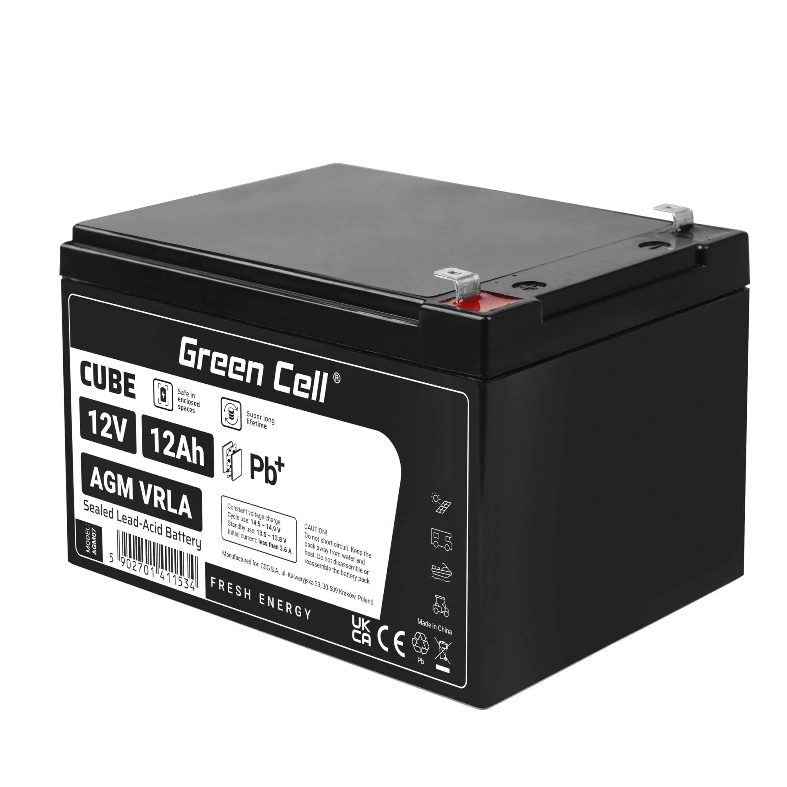 GreenCell Batterie 12V 12Ah AGM – Sans Entretien – Étanche – Pour Jouets, Scooter, Fauteuil, Onduleur – VRLA Plomb-Gel
