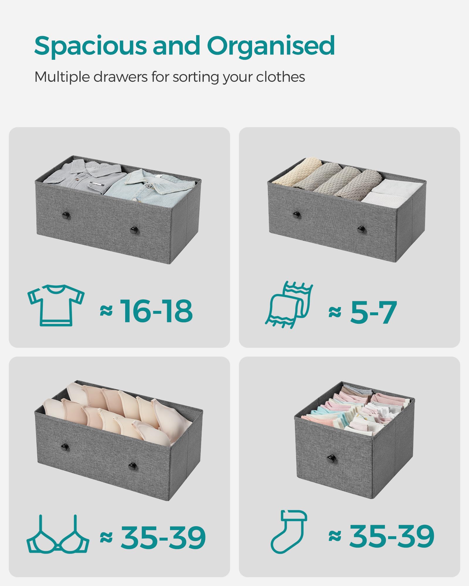 SONGMICS Chest of Drawers, Fabric 5-Drawer Storage Organiser Unit, Dresser, for Living Room, Hallway, Nursery, Grey and Black with Wood Grain LTS514G22