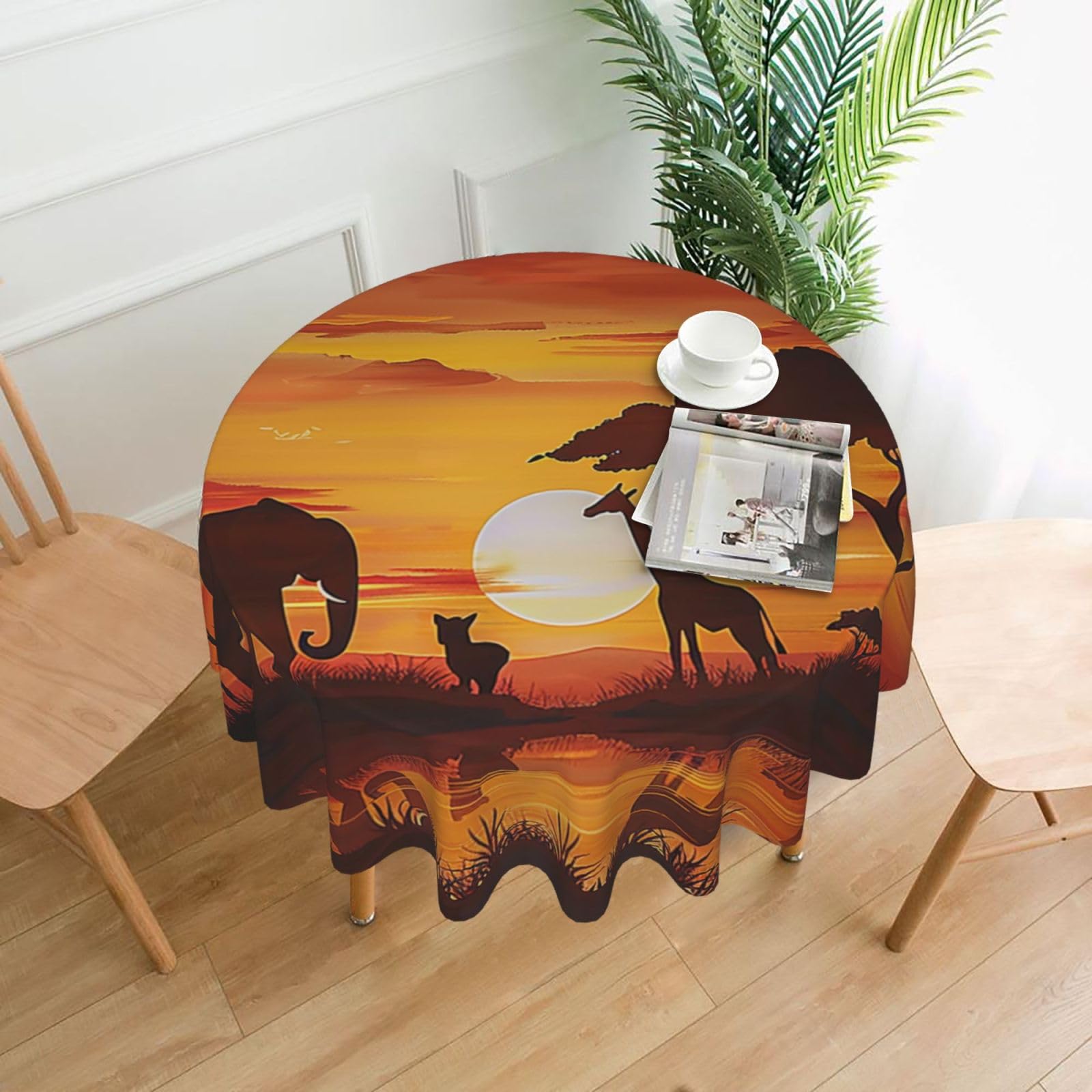 WPKJU Elephant and Giraffe in The Sunset Printed Round Tablecloth 60 in Water Resistant Table Cover Washable Table Cloth for Dining Tables