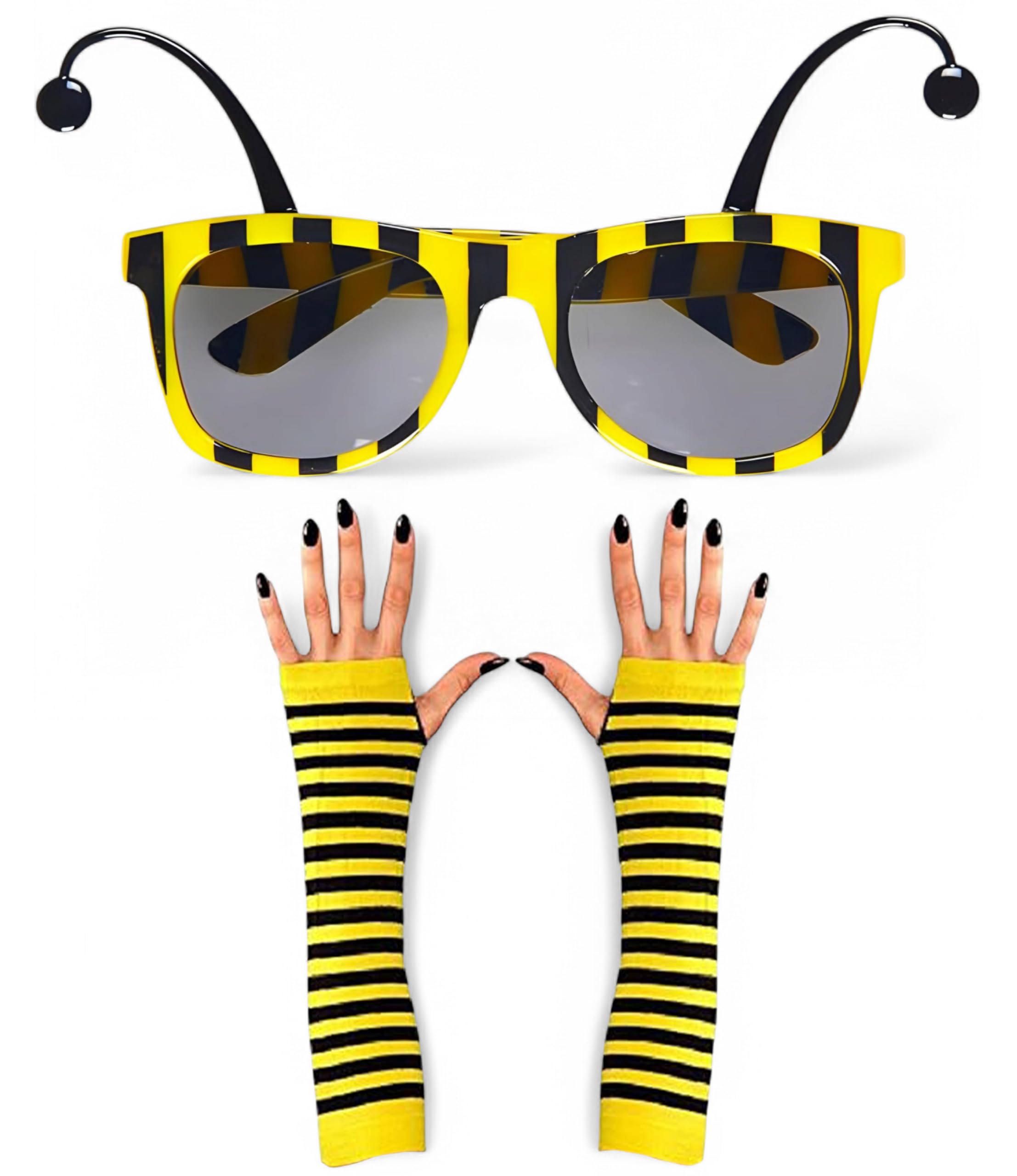 Mega_Jumble® Adults Bumble Beauty Bumble Bee Ladies Yellow and Black Tripes Women Fancy Dress Kit Fingerless Gloves + Bee Glasses with Antennas