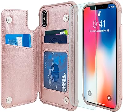 VANAVAGY iPhone X/XS/10 Wallet Case for Women and Men,Leather Flip Folio Phone Cover Fits Magnetic Car Mount with Credit Card Holder,Rose Gold