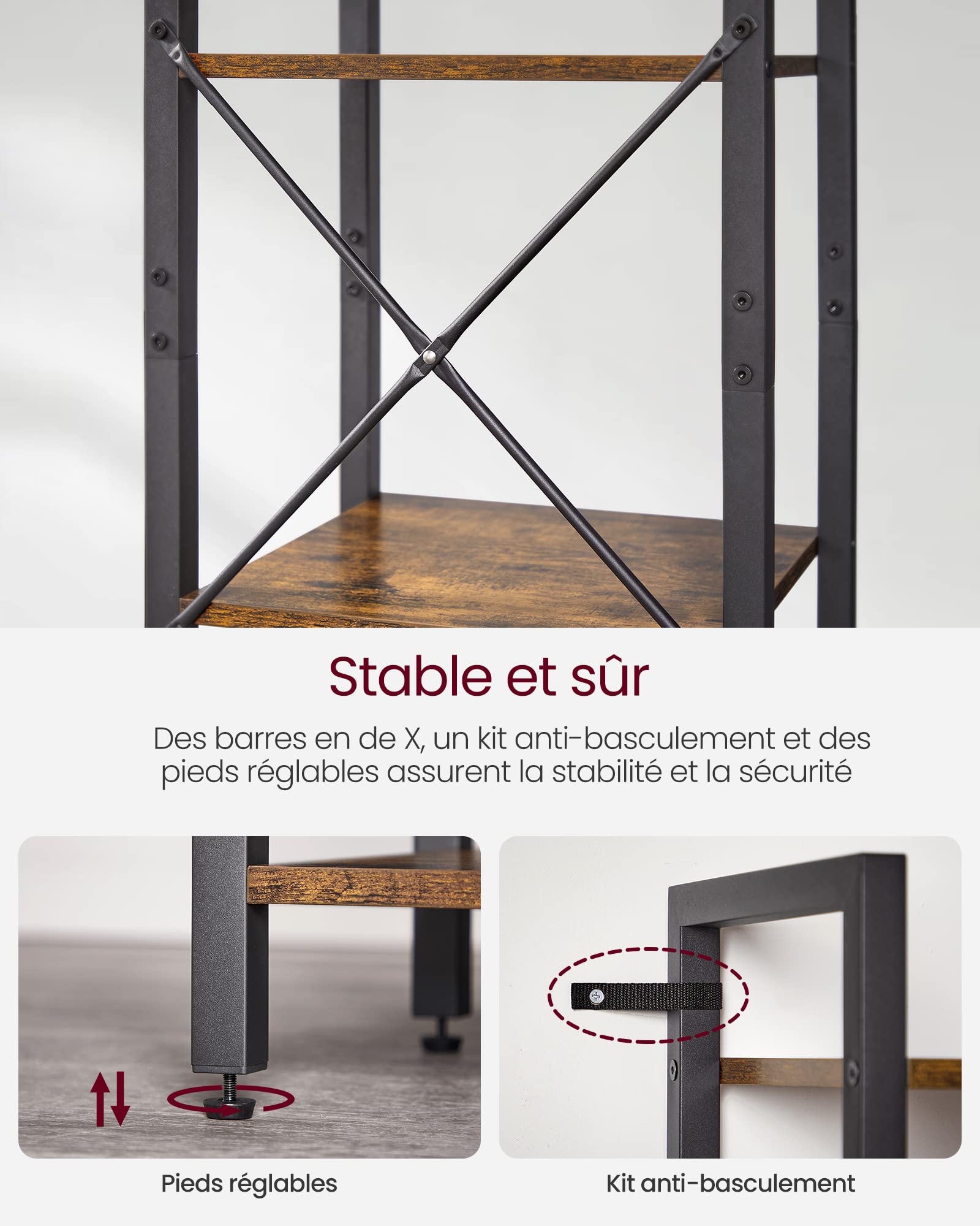 VASAGLE Étagère 6 Niveaux, Bibliothèque, Meuble de Rangement, pour Bureau, Salon, Chambre, 30 x 40 x 187,5 cm, Style Industriel, Marron Rustique et Noir d'encre LLS101B01
