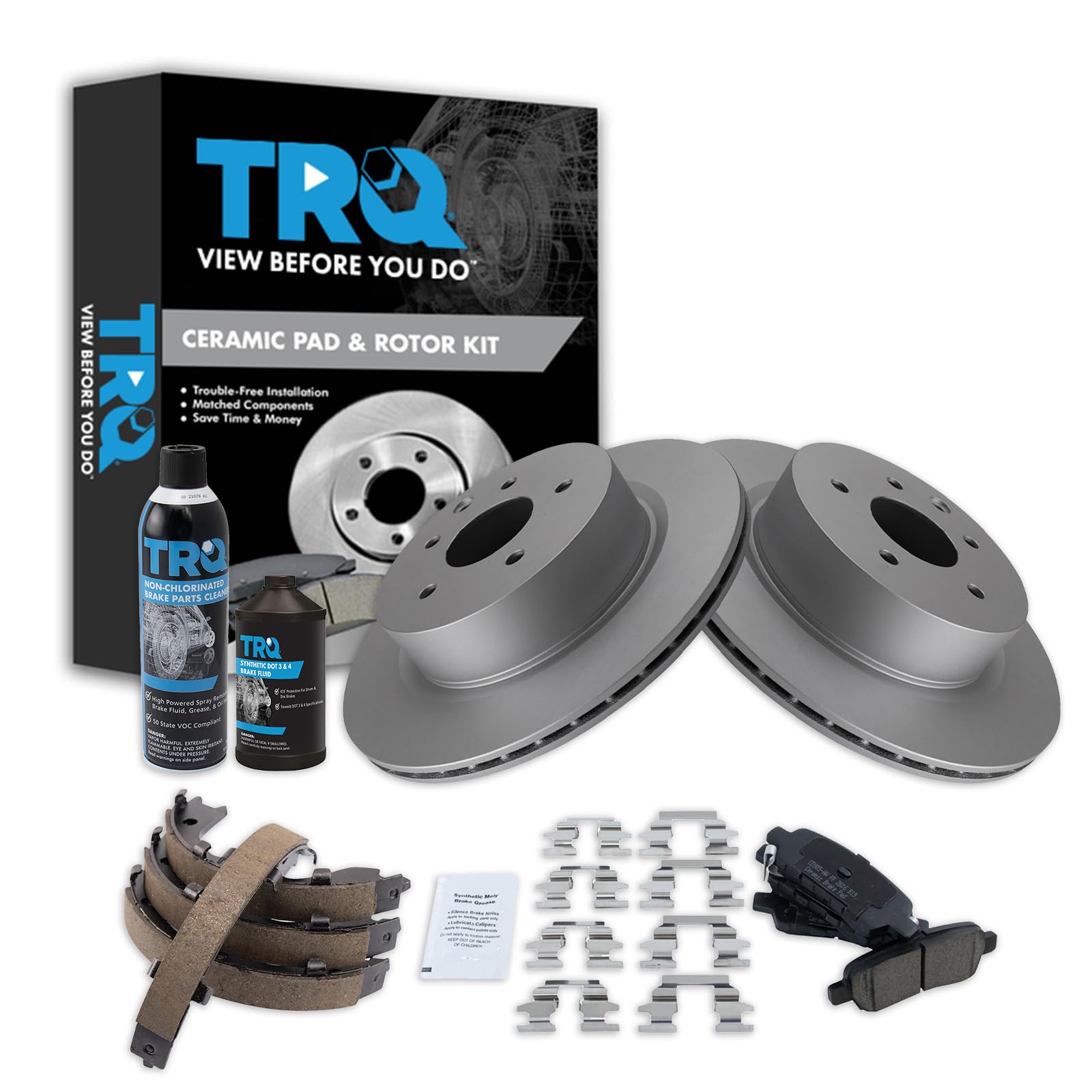 TRQ Rear Brake Pad &amp; Rotor Kit with Chemical Kit Parking Brake Shoe Set