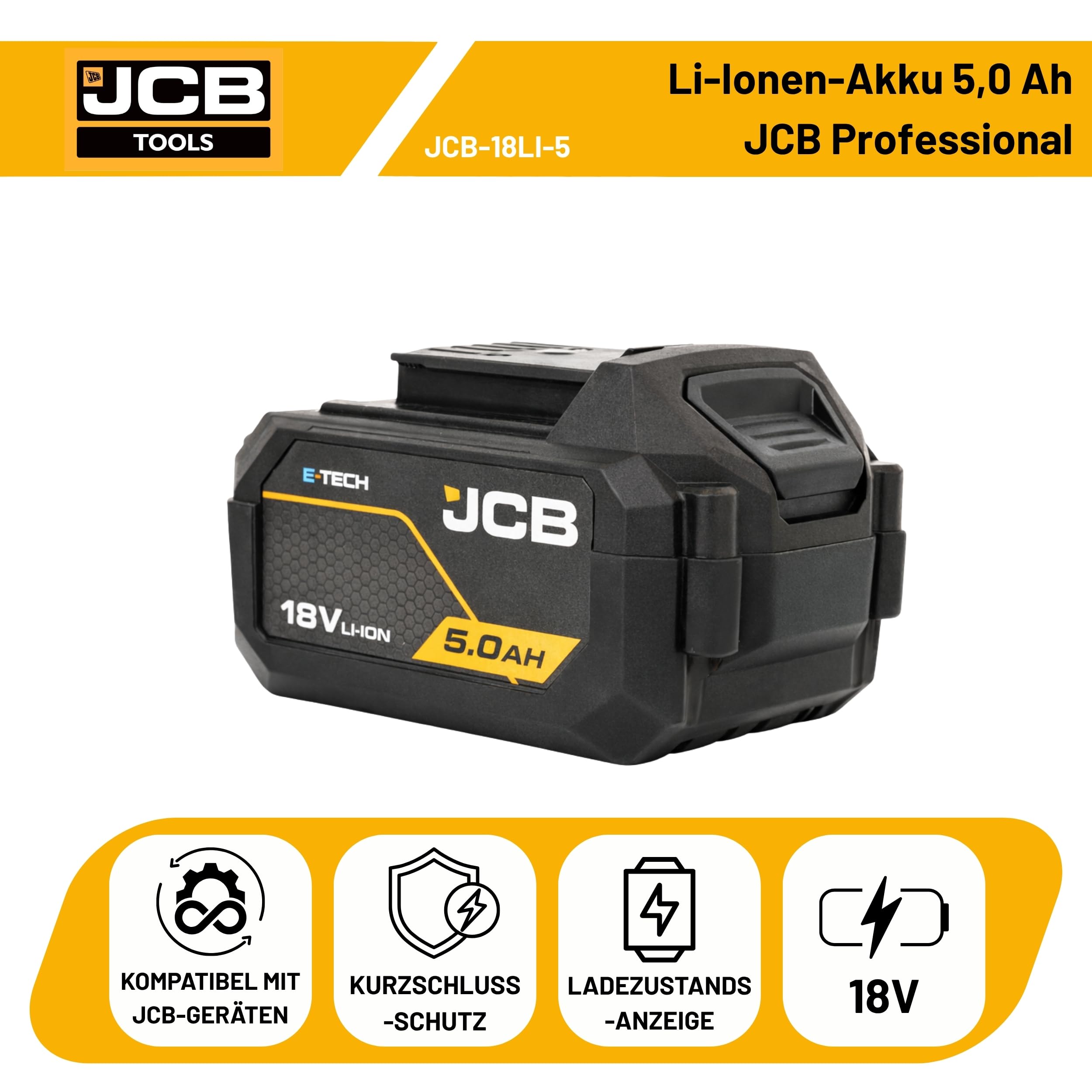 JCB Professional 18V Akku 5,0Ah Li-Ion Ersatzakku mit Langer Laufzeit bis 120 Min für JCB Elektrowerkzeuge Akkuschrauber Schlagschrauber JCB-18LI-5