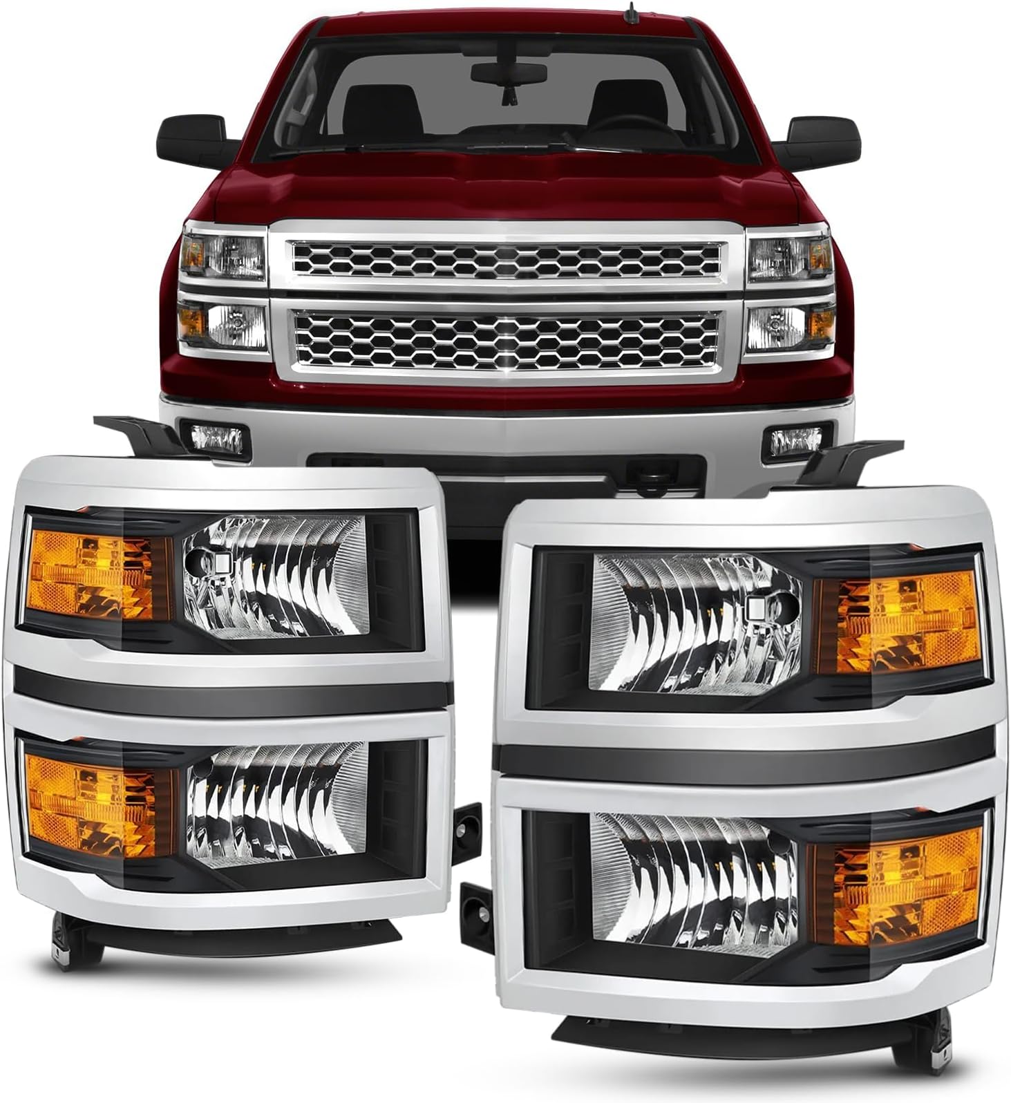 Pair Headlights Assembly Compatible with 14 15 Chevy Silverado 1500, For 2014-2015 Silverado 1500 Pickup Truck Halogen HeadlampChrome/Black/Amber Head Lights Pair Set Driver & Passenger Replacement