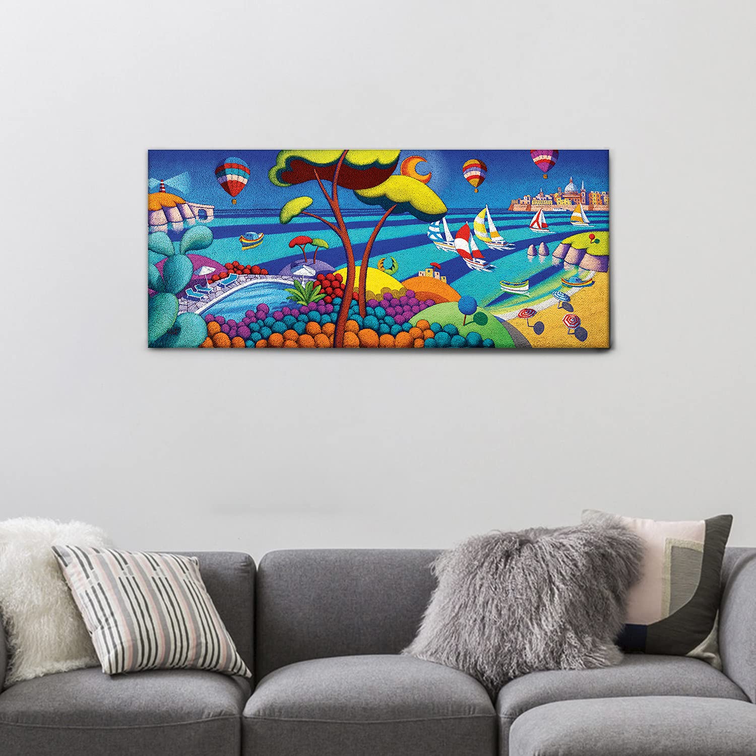 Giallobus - Quadro - Stefano Calisti - Mare d'estate con barche - Tela canvas - 140x60 - Pronto da appendere - Quadri moderni per la casa
