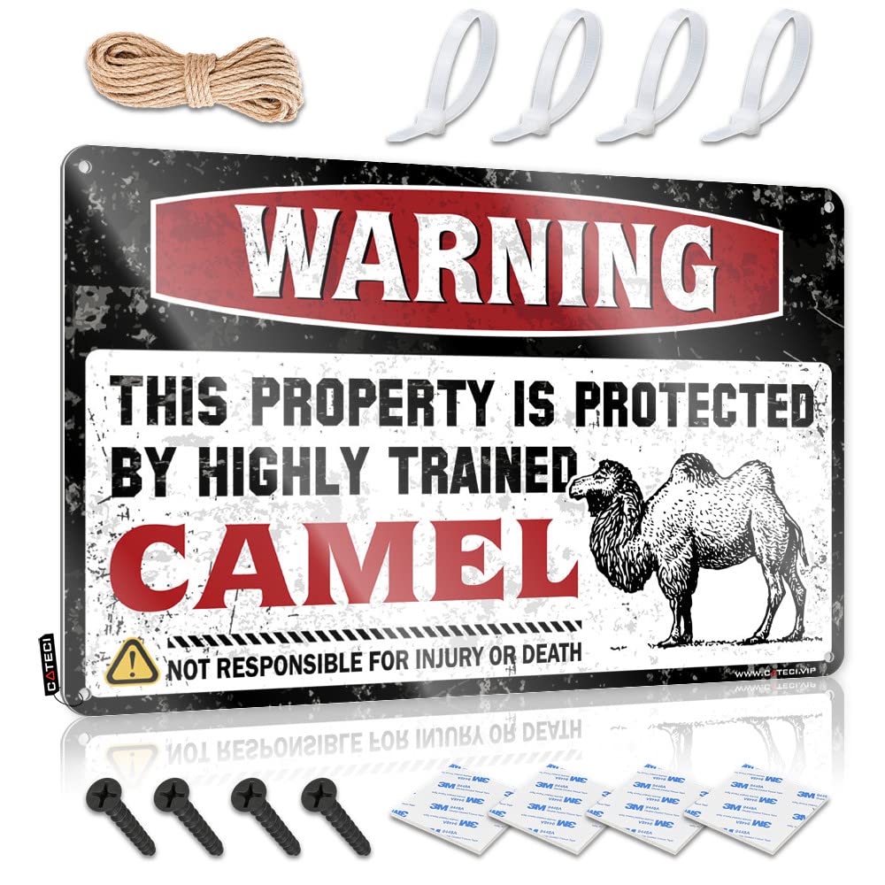 IBWNBBUSN Bar Sign Home Decor Warning This Property Is Protected By A Highly Trained Camel Tin Sign Coffee Sign Decor Home Wall Decor Funny Metal Sign(30X40CM)