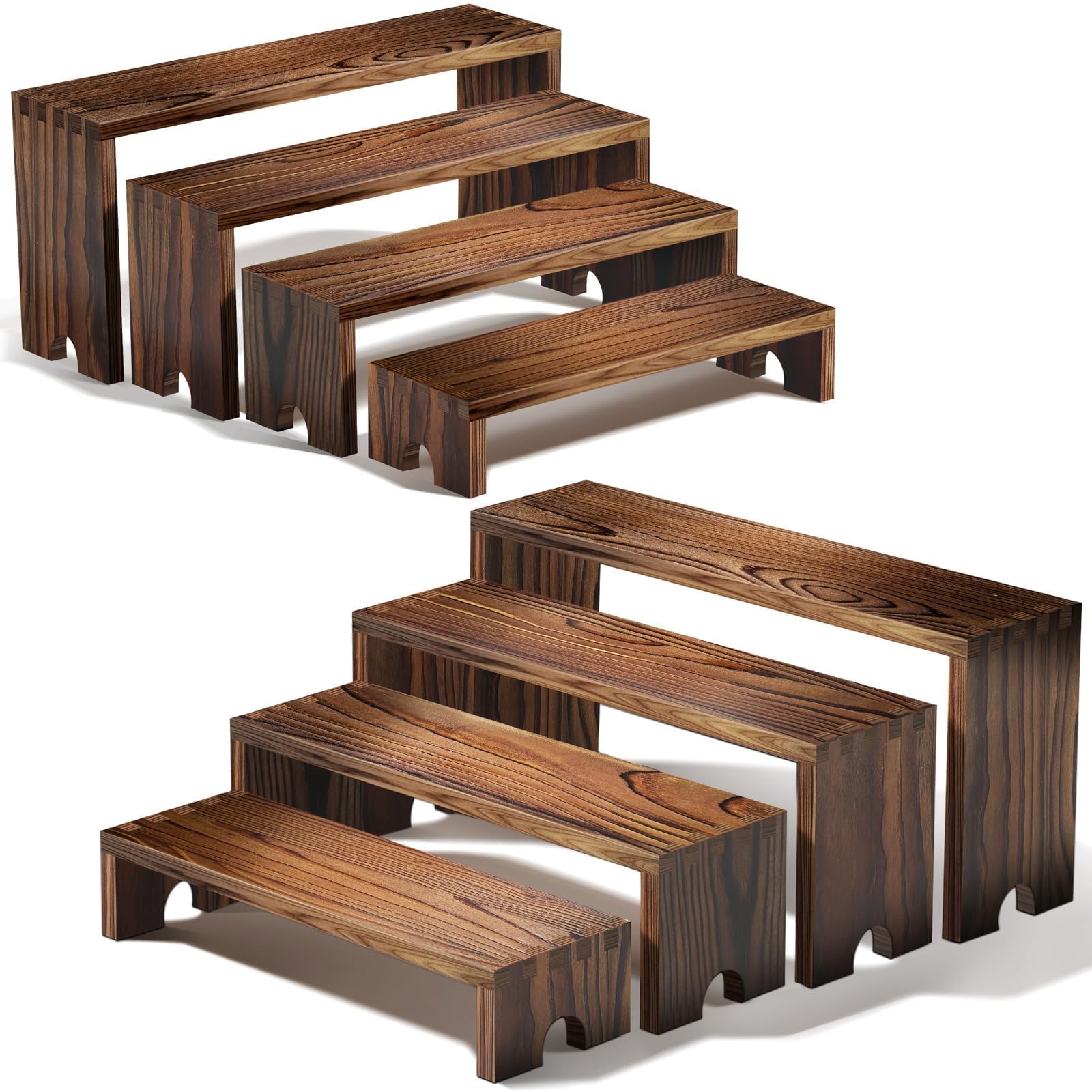 Photo 1 of 2 Set wood tone Wooden Tiered Display Stands 4 Tier Stackable Pine Wood Display Risers, Suitable for Vendor Events, Cupcake Stands, cake stand Wooden Dessert Table Sets, Vendor Booth Displays,Cosmetic & pantry organizers and storage can organizer, Kitchen