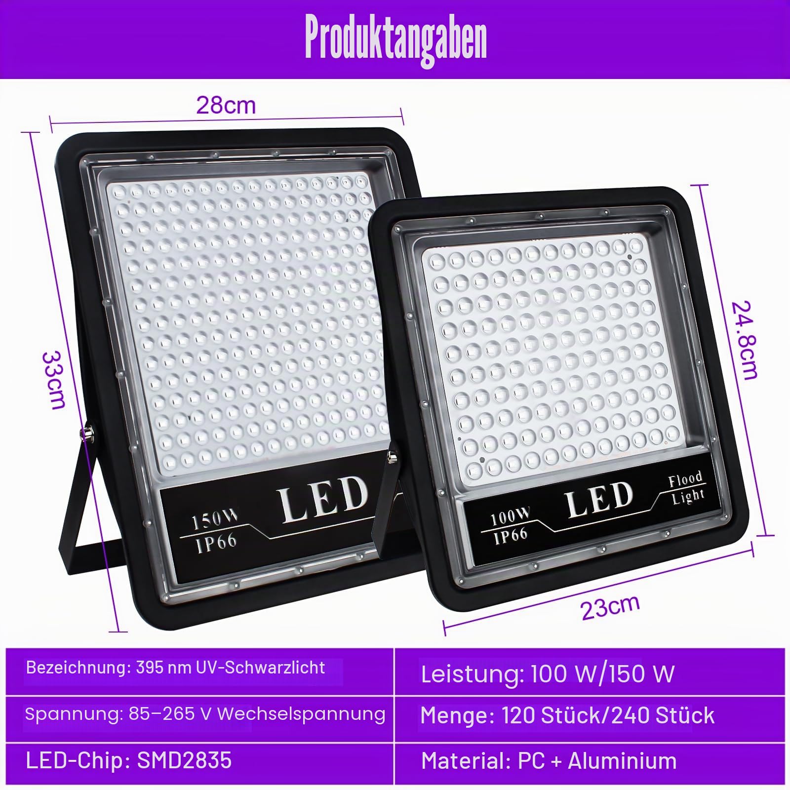 Eleganted 2pcs 150W LED UV Schwarzlicht Violettes LED Strahler Flutlicht Partylicht Bühnendekoration Licht, IP66 Wasserdicht Schwarzlichtlampe für Halloween Aquarium Konzert Party Band Leistung