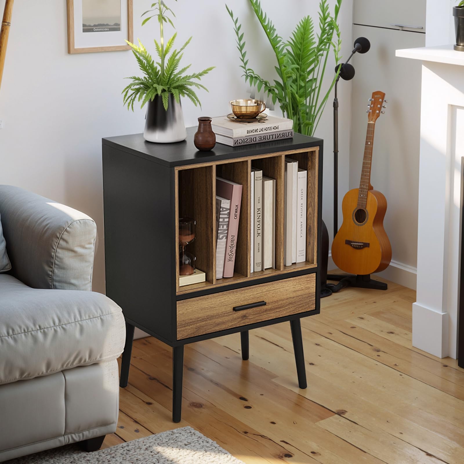 Kiasthome Support de tourne-disque noir avec caisse de rangement et tiroir, table d'appoint pour tourne-disque vinyle avec pieds en bois massif, pour salon, chambre à coucher