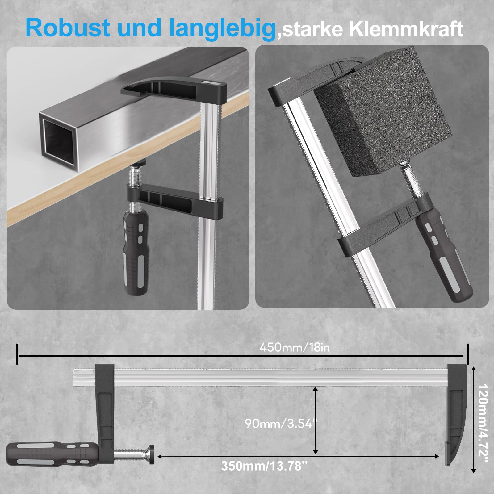 Schraubzwingen Set 4 Stück, Schraubzwinge 350mm Spannweite, Spannkraft 270kg, Maultiefe 90mm aus Ganzstahl, Schraubzwinge für Präzises Fixieren von Holzwerkstücken