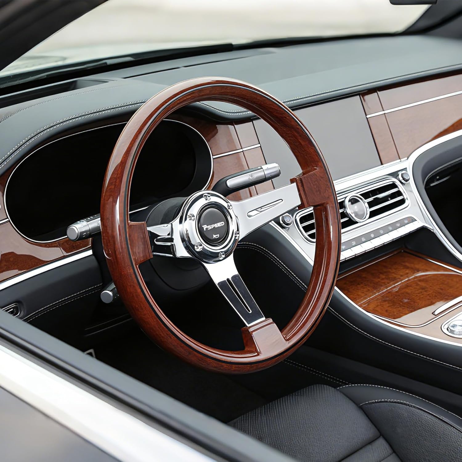 14 Inch Classic Wood Grain Steering Wheel,3 Spokes 6 Bolt Chrome-Plated aluminum alloy 70mm Deep Dish Fit for Racing,for Classic Car,for Vintage Car with Horn Button 14" Steering Wheel