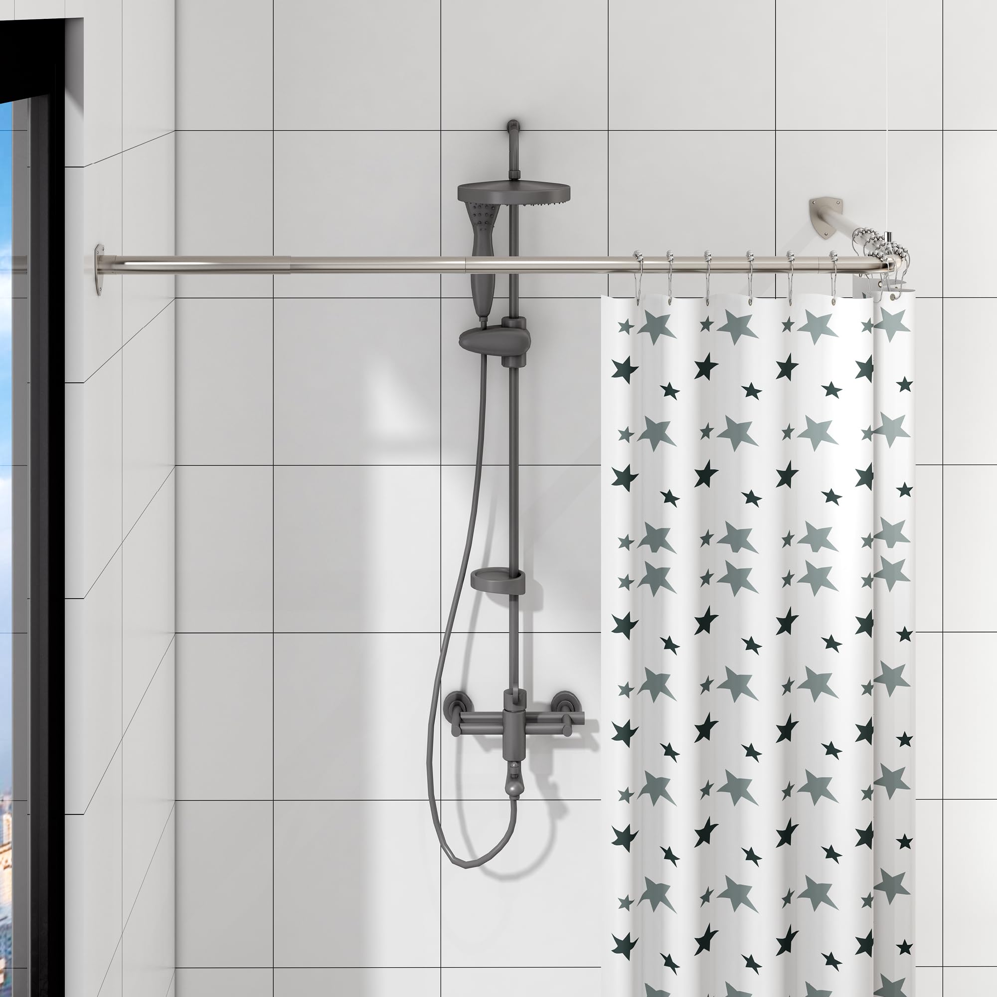 Shower Curtain Pole, L Shaped Shower Curtain Rail, Extendable Shower Curtain Rod for Bathroom, Clothing Store, Stainless Steel with 12 Ring Hooks & Ceiling Support (Silver, 100-175cm x 140-214cm)