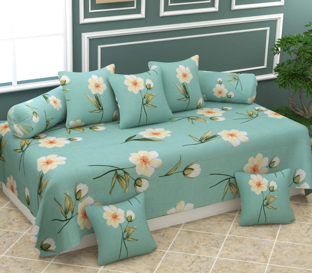 Diwan Cotton Single Bedsheet with Cushions for Living Room 5 and boosters 2 Pieces - Set of 8 Combo (Green Flower)(Design 028)-picture-24