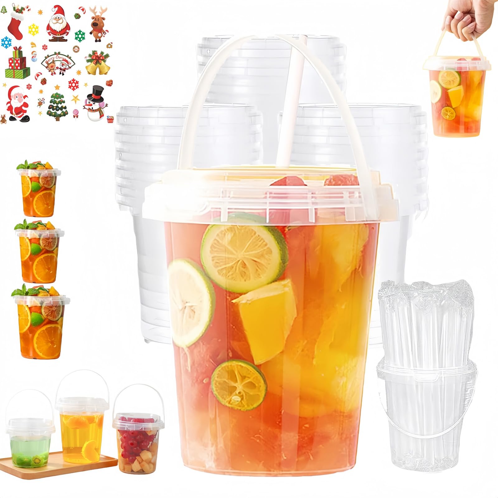 24oz Mini Drink Buckets with Lids and Straws, Christmas Drink Buckets with Lids and Straws,Reusable Clear Plastic Bucket Cups for Drinks,Suitable for Outdoor Beverage Packaging Pool Party (35oz,24PCS)