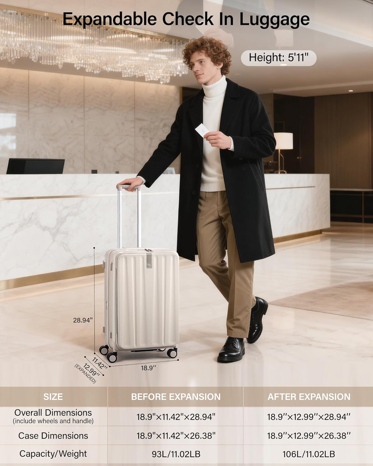 Hanke 26 Inch Expandable Luggage Top Opening Checked Bag Luggage Hard Shell Suitcases with Wheels Lightweight Travel Luggage Heavy Duty Luggage Suitcase with Lock for Woman Men-Ivory White - Image 2