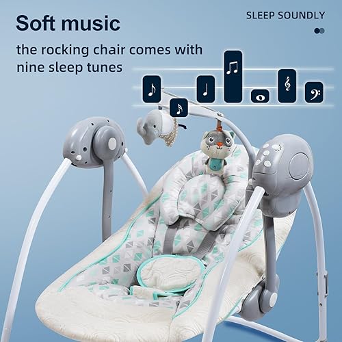 Miniatura 8 de Cómodo columpio portátil para bebé, cómoda mecedora con música relajante, plegable, diseño biónico, se pliega fácilmente, barra de juguetes