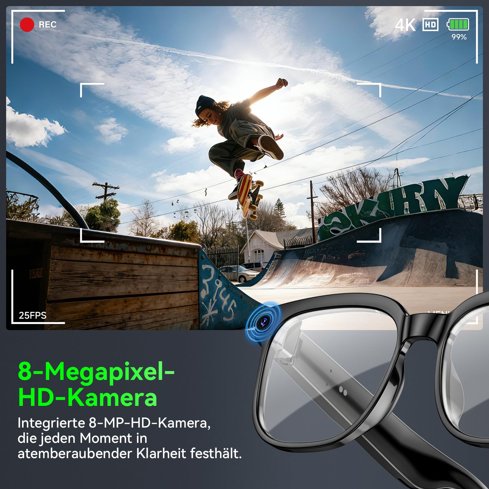 Kamera-Brille, 8 MP Lünette mit KI, intelligente Lünette unterstützt Videoaufnahme/Musikwiedergabe/Audioaufnahme/Bluetooth-Anrufe/GPT-Identifikation (blaues Licht)