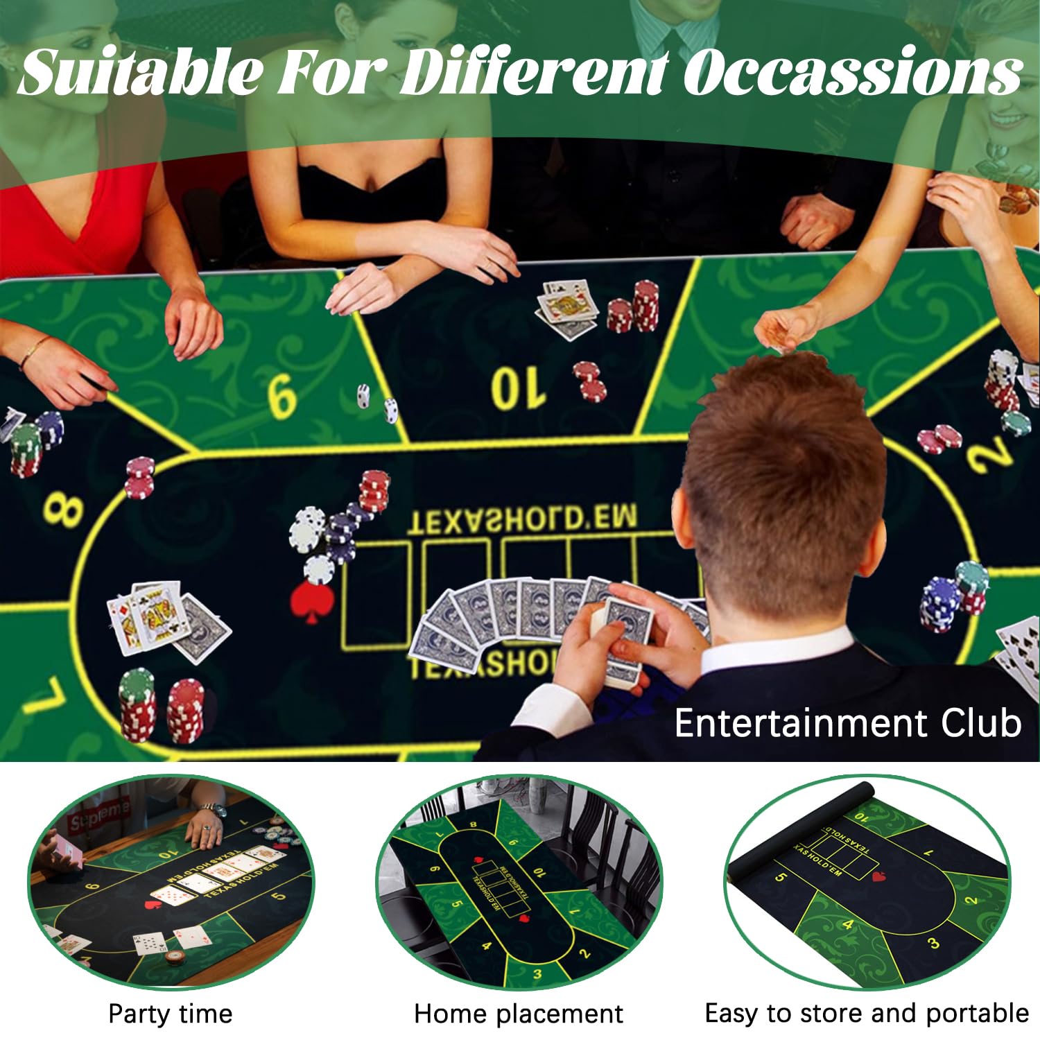 Tappetino da poker, 180 x 90 cm, 10 giocatori Texas Hold'em Poker, in gomma, topper per tavoli, portatile, per giocare a carte, PokerGames, Blackjack, Casinò, con borsa per il trasporto