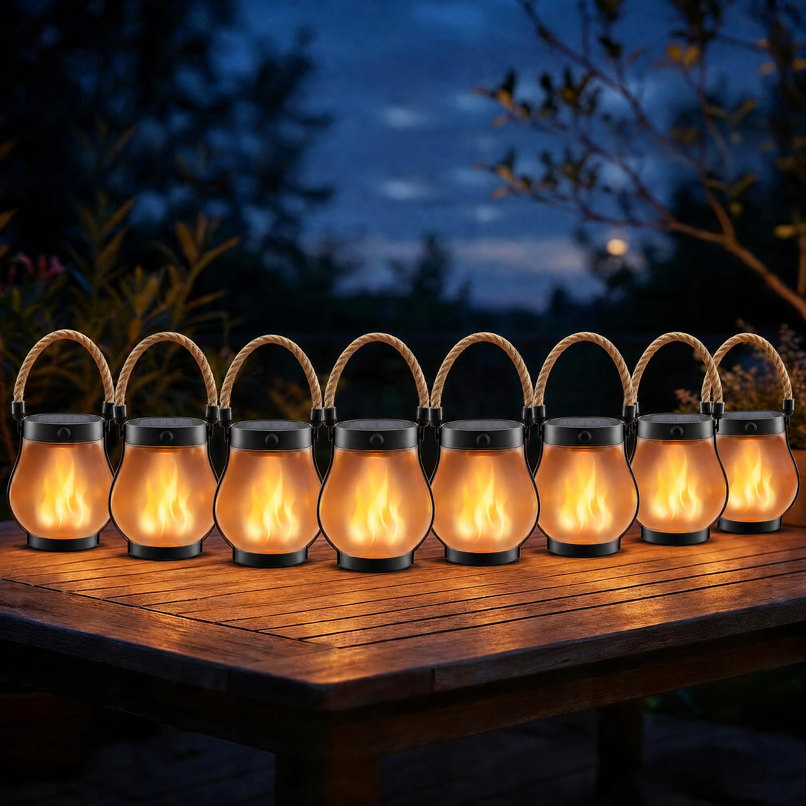 Faroles solares impermeables para exteriores, paquete de 8, efecto de llama