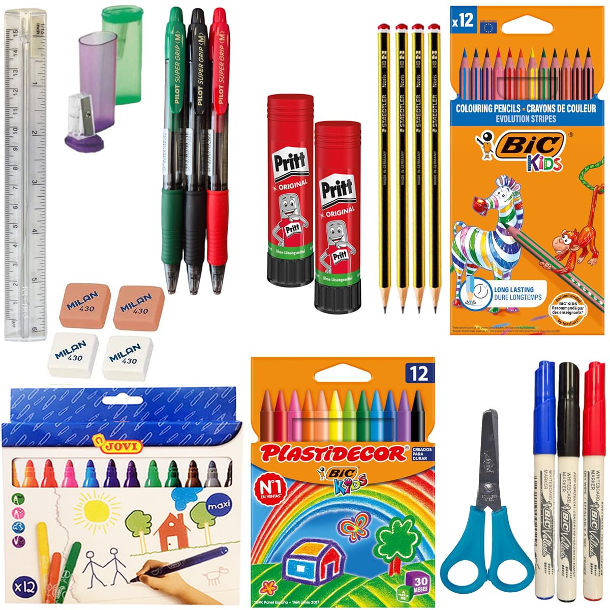 BOEMY Kit Escolar para todo el año, Listo para el Inicio del Cole: Gomas Milan, Lápices 2 HB, Pegamento Pritt y Rotuladores Bic Jovi, Tijeras y Afiladores de Lapices Faibo. All in 1