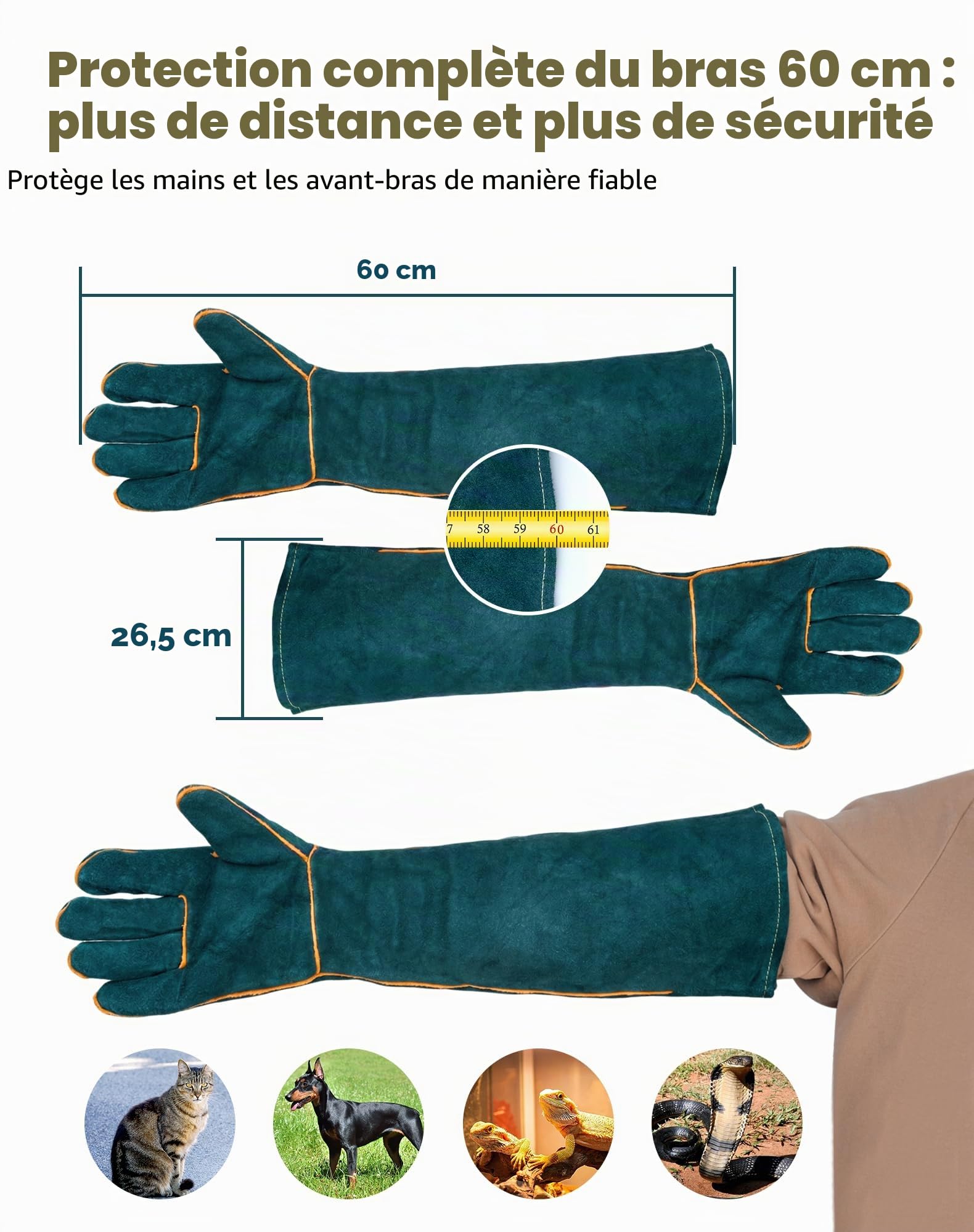 Gants Anti-Morsure 60 cm Pour Chat et Chien, Gants de Protection Anti-Griffures Avec Protection Complète des Bras, Gants Épais en Cuir Résistant Pour Manipulation de Chats, Chiens et Reptiles