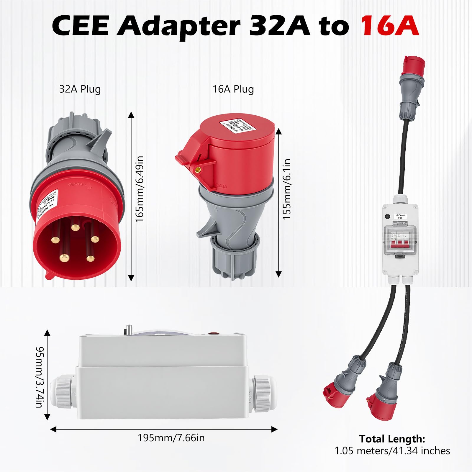 Adaptateur d'Alimentation CEE 32A à 16A X2 avec Disjoncteur, Cuivre pur 5 Broches 400V 1,5M Couplage IP44 Distributeur d'Alimentation Robuste, pour l'industrie du Camping-car Caravane, aux Ateliers