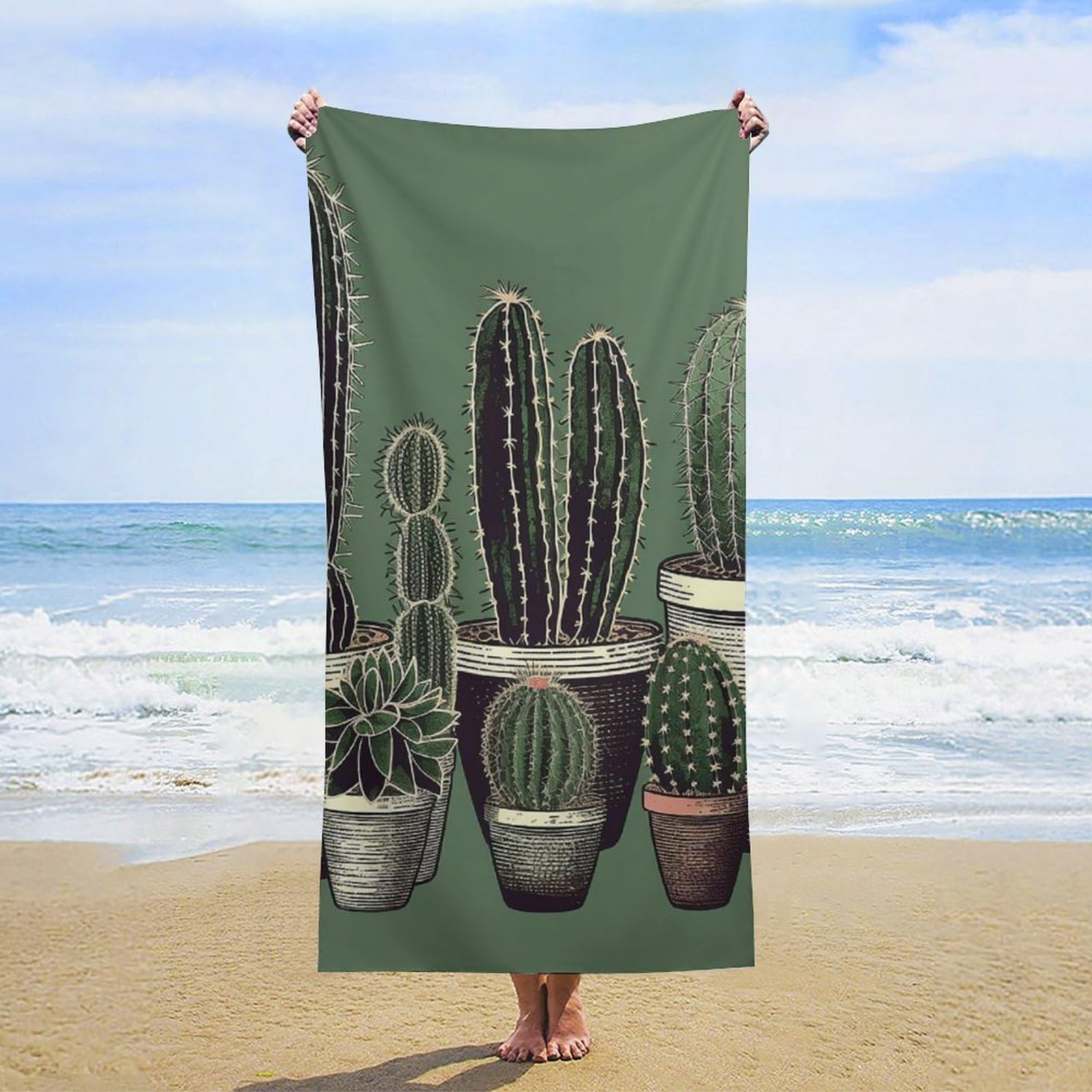 NTVOWPZO Green Cactus Beach Towel Oversized Microfiber Bath Towels Lightweight Sand Proof Beach Towels Absorbent Pool Towels for Swimming Yoga Bathroom Towel 31.5" X 63"