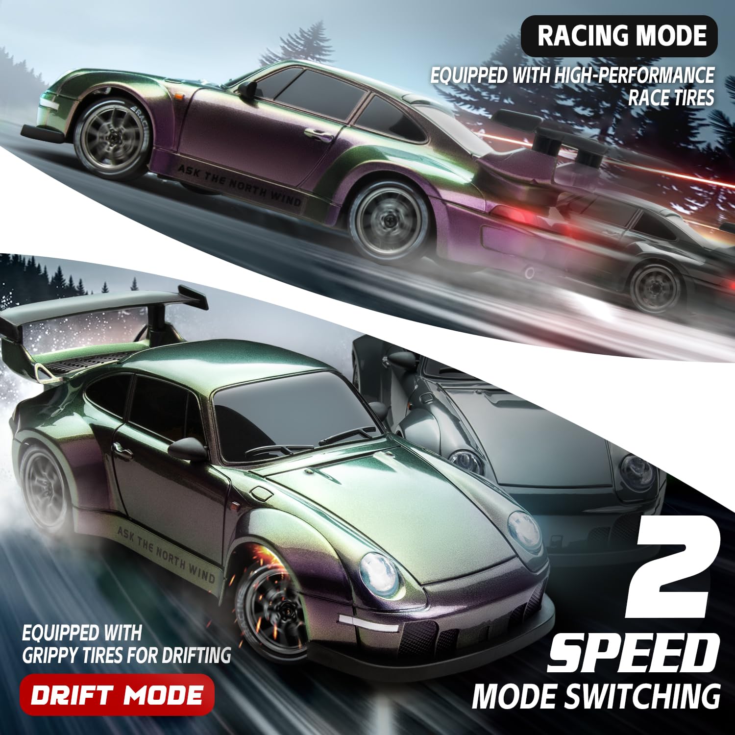 RC Drift Car, 1:24 Scale Remote Control Vehicle with LED Lights, 2.4GHz 20KM/H 4WD High Speed RC Cars, Drifting Tires＆Two Batteries, Racing Sports Toy Idea Gift for Adults Boys Girls and Kids