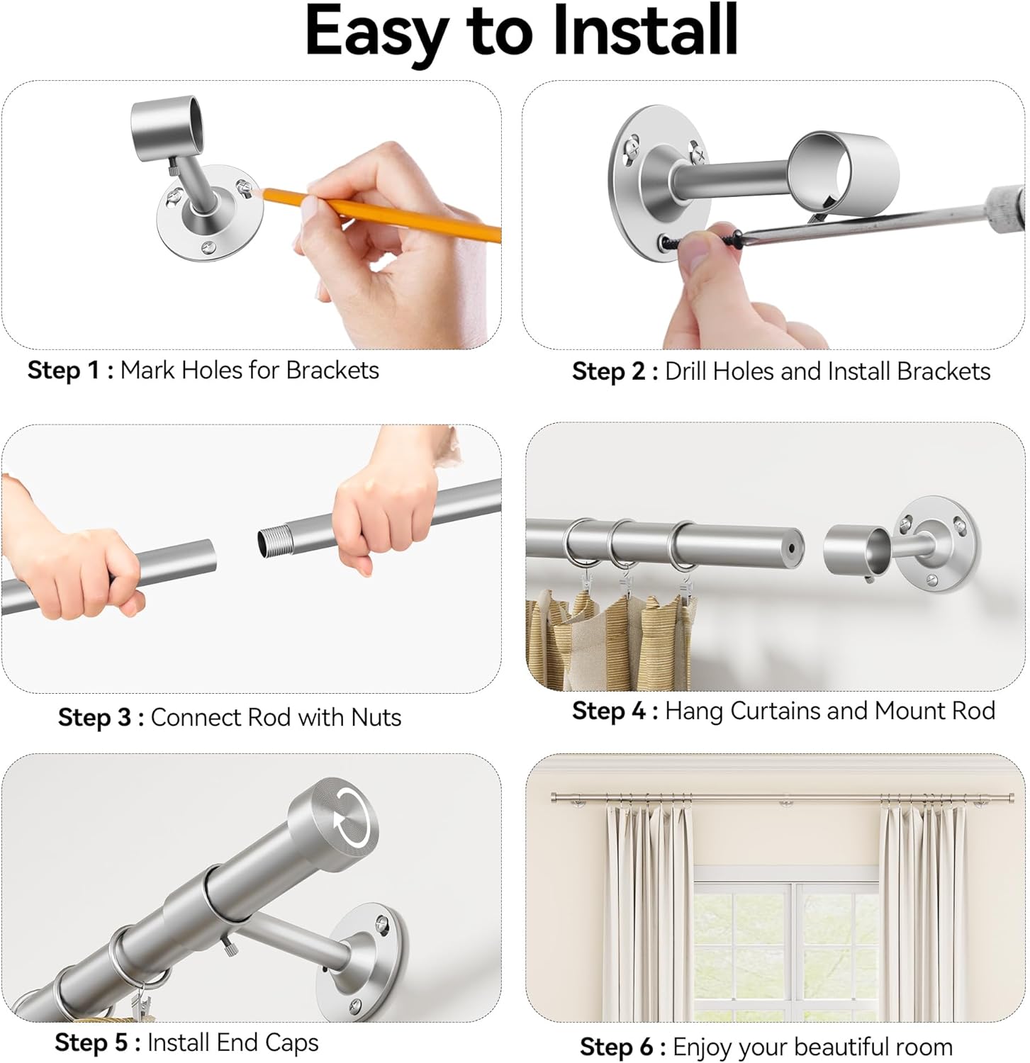 YaFex Heavy Duty Curtain Rods 32-150 Inch, 1 Inch Adjustable Silver Curtain Rod for Windows, Extra Long Window Treatment Rods with Aluminium Finials, Easy Installation