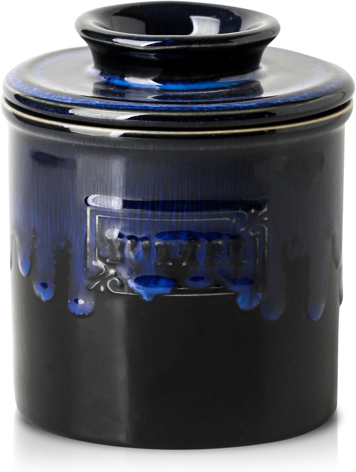 KOOV Porcelain Butter Crock, French Butter Dish, Ceramic Butter Keeper for Counter, Big Capacity, Reactive Glaze (Nebula Blue, 4 inch)