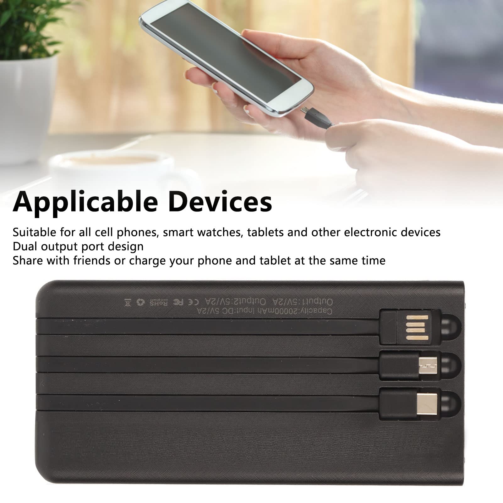 Caricabatterie Solare Power Bank, 20000mAh Caricabatteria Portatile per Telefono Solare con Cavo e Torcia a LED, Caricabatterie per Batteria Mobile per Esterno, Campeggio (Nero)