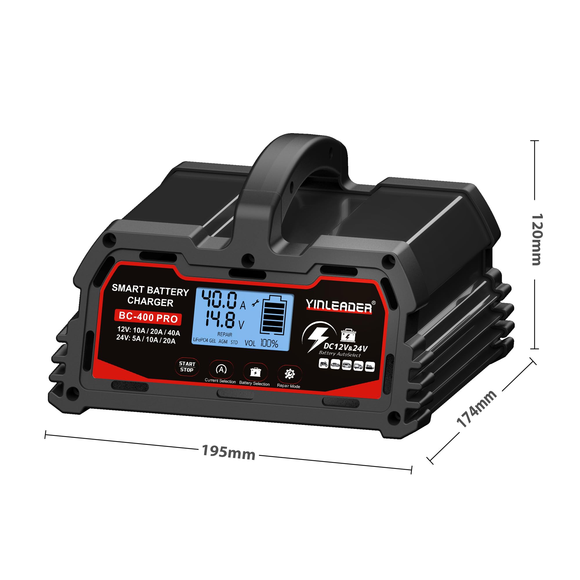 Caricabatteria da auto 40A/20A 12V/24V 20A/10A caricabatteria da auto completamente automatico intelligente con schermo LCD, caricabatterie per batteria LiFePO4 da 12 V, nero