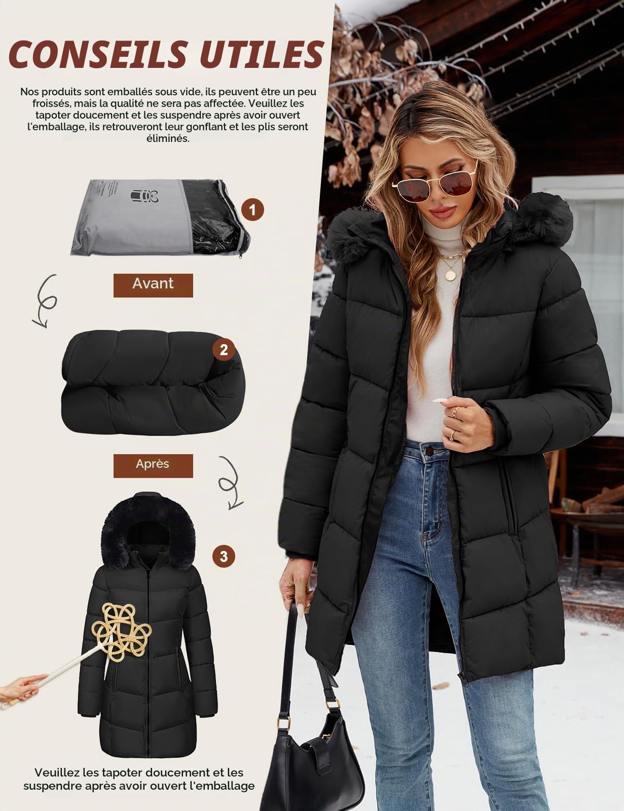 Tuopuda Manteau Femme Hiver Veste Polaire Chaud Parkas mi Longue Blouson Zippée à Capuche Coat Matelassée en Duvet Outercoat Slim Fit Coupe-Vent avec Poches