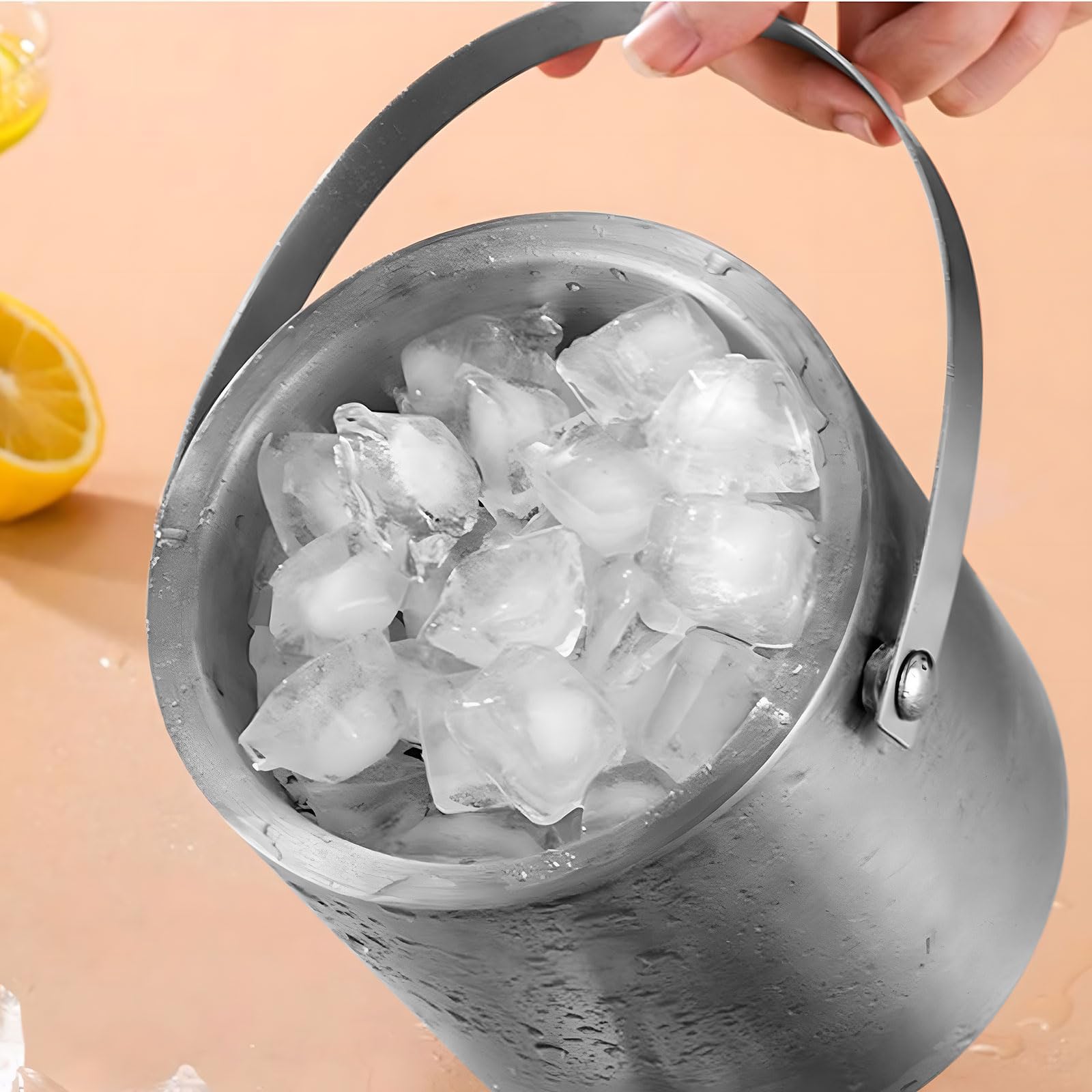 Cubitera de 2,2 L con tapa hermética y pala, de acero inoxidable, para cubitos de hielo, doble pared, aislante, enfriador de hielo, perfecto para cerveza, champán, vino, bebidas, frutas