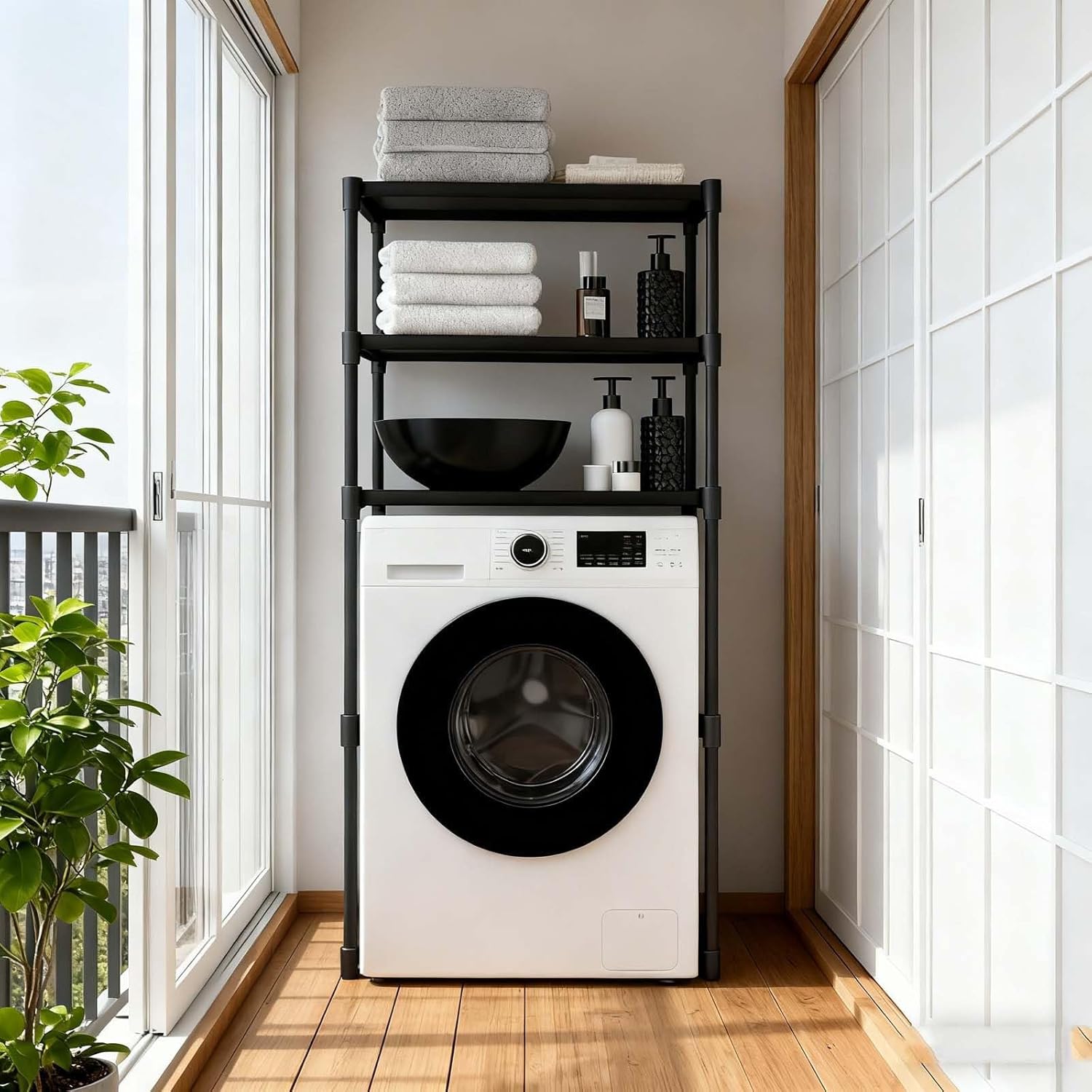 3-Tier Heavy Duty Metal Storage Rack Over Washer, Multi-Purpose Shelving Unit for Bathroom & Kitchen, Space-Saving Organization Solution (Black)