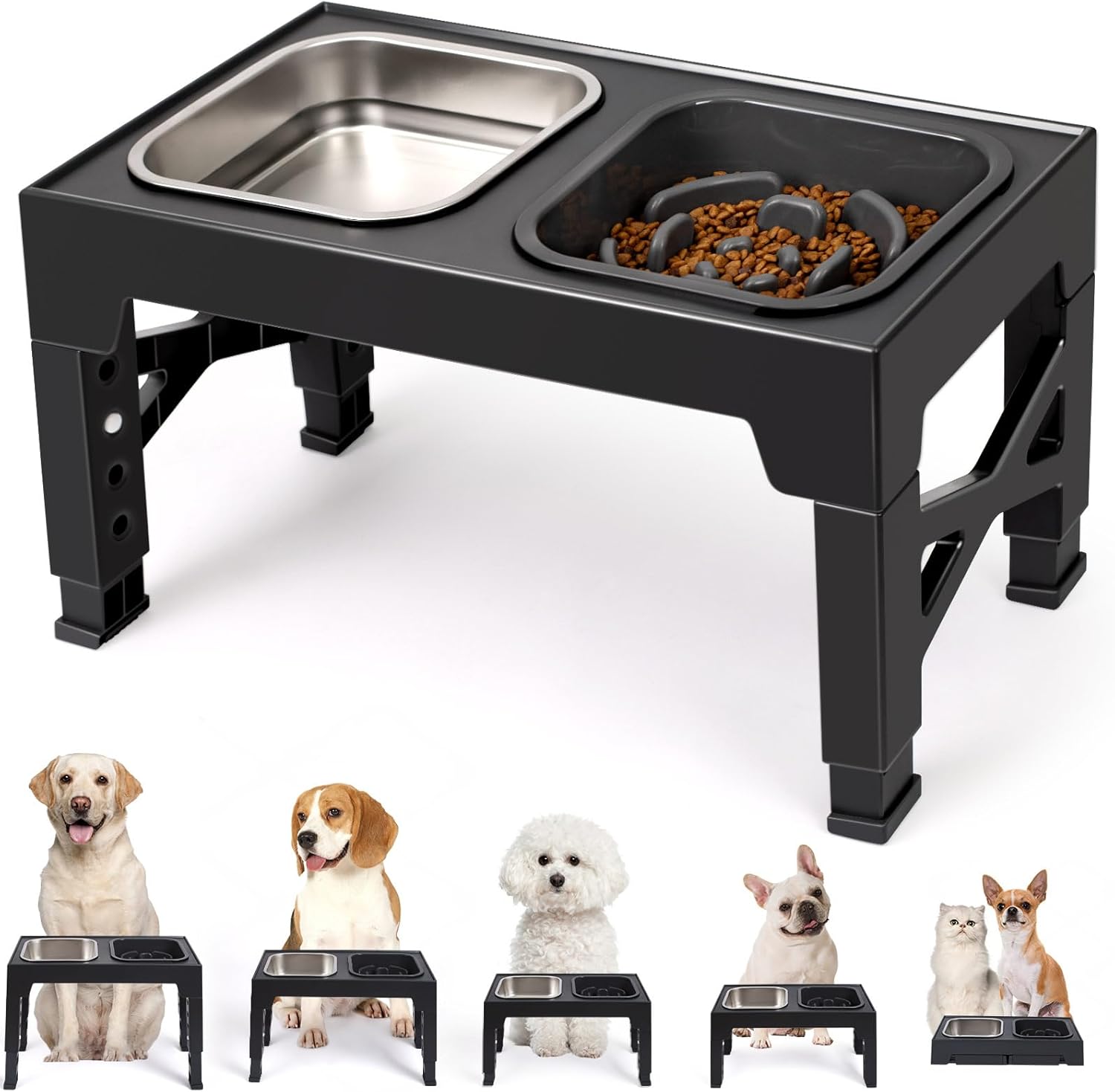 Niubya Elevated Dog Bowls, with Slow Feeder Bowl and Stainless Steel Dog Food Bowl, Raised Dog Bowls Adjusts to 5 Heights (3.15″, 8.66″, 9.84″,11.02″, 12.2″) for Small Medium and Large Dogs