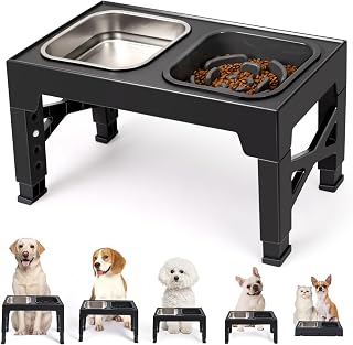 Niubya Raised Dog Bowls: Adjustable 5 Heights (3.15"-12.2"), Slow Feeder & Stainless Steel Bowl for Small to Large Dogs