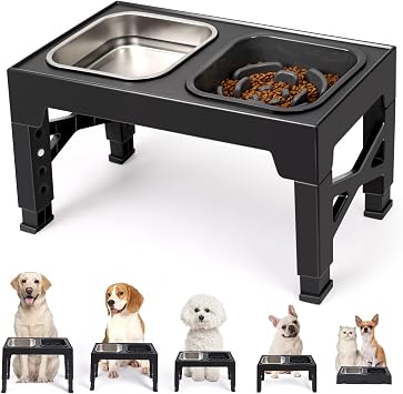Niubya Elevated Dog Bowls, with Slow Feeder Bowl and Stainless Steel Dog Food Bowl, Raised Dog Bowls Adjusts to 5 Heights 3.15", 8.66", 9.84",11.02", 12.2" for Small Medium and Large Dogs