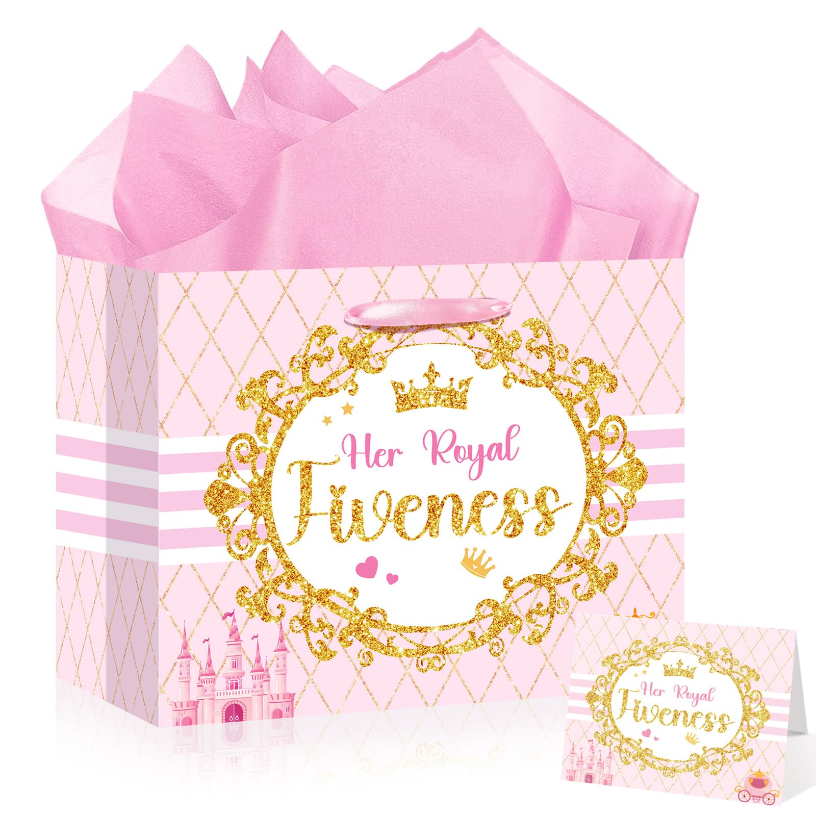 Princess Gift Bags Pink Happy 5th Birthday Party Favors Bag Princess Birthday Party Decorations with Wrapping Tissue Paper and Greeting Card for 5 Year Old Girls Kids Baby Shower Party Supplies Decor