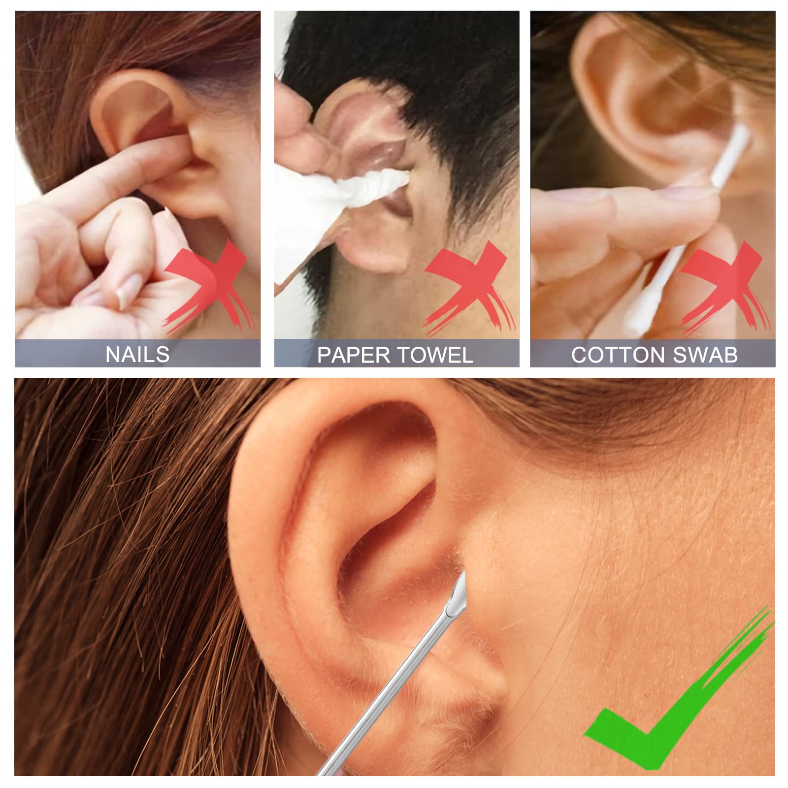 Cucchiaio per Orecchie Kit di Rimozione del Cerume Pulisci Orecchie in Acciaio Inossidabile con Scatola Portatile Argento 6 Pezzi