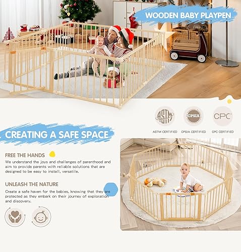 Miniatura 5 de Corralito de madera para bebés de 74 x 74 pulgadas para bebés y niños pequeños, patio de juegos de madera plegable con puerta de seguridad con
