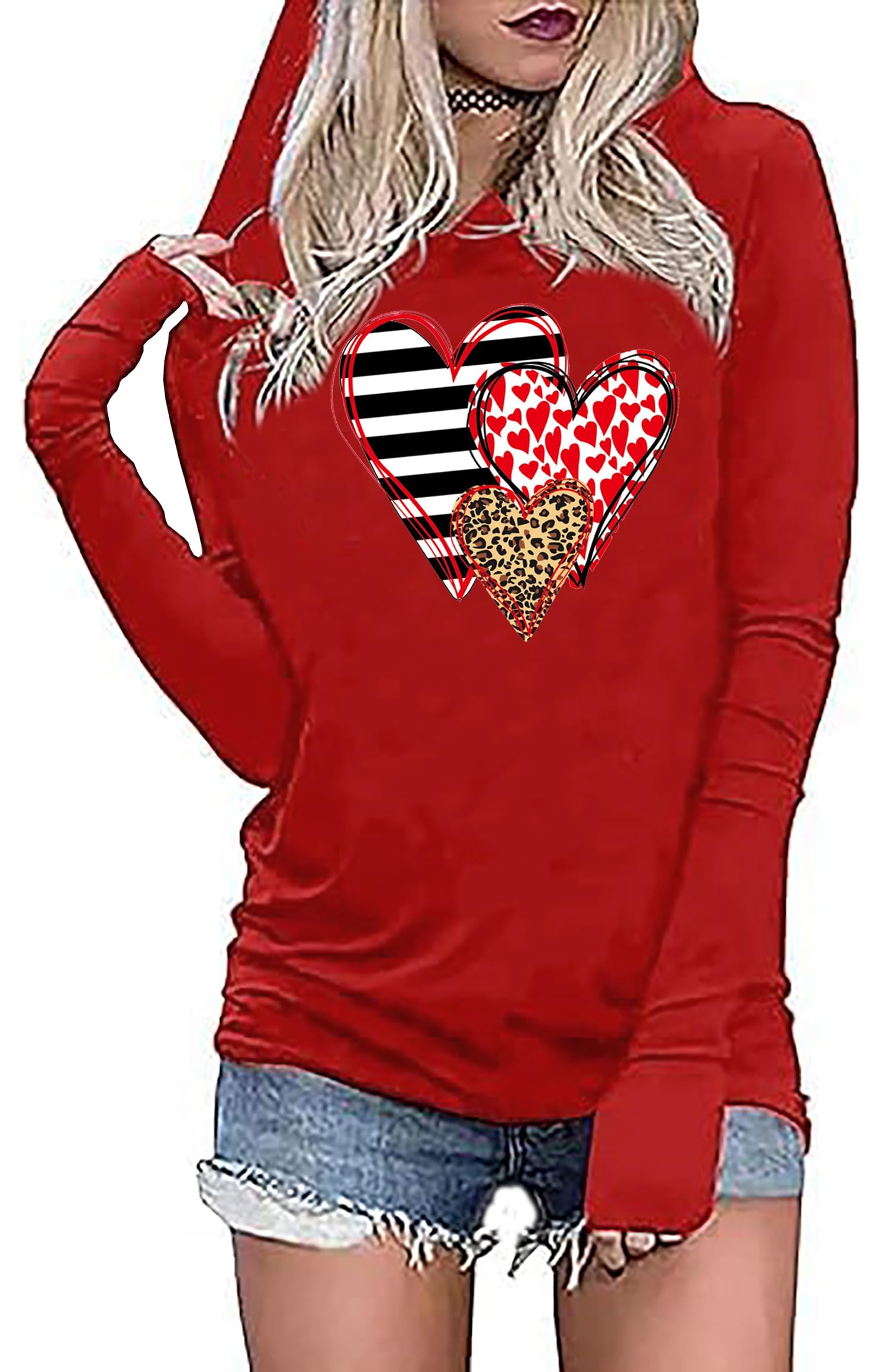 Susongeth Valentine's Day Women's Funny Love Heart Graphic Long Sleeve Hoodie