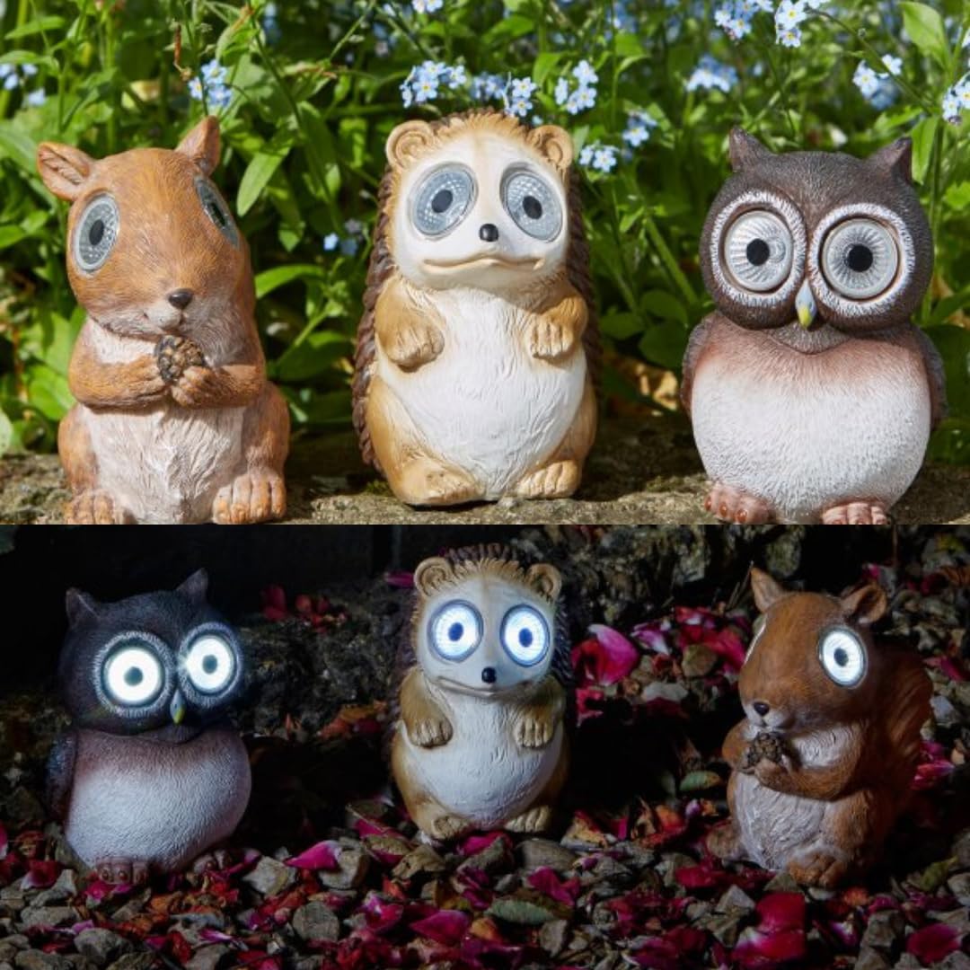 Garden Mile Solar Garden Lights - 3-Pack Woodland Animal Resin Ornaments, Owl, Hedgehog & Squirrel, Weatherproof Solar-Powered Outdoor Ornaments with Automatic Dusk Sensor for Patio & Pathway