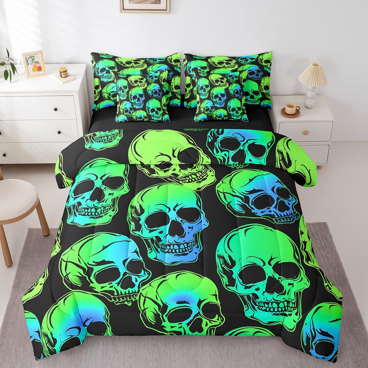 Erosebridal Sugar Skull Queen Size Comforter Set - Bedding Set Queen 7 Pieces,Gothic Green Skeleton Bed in a Bag Goth Head Bone Bed Set with Comforter