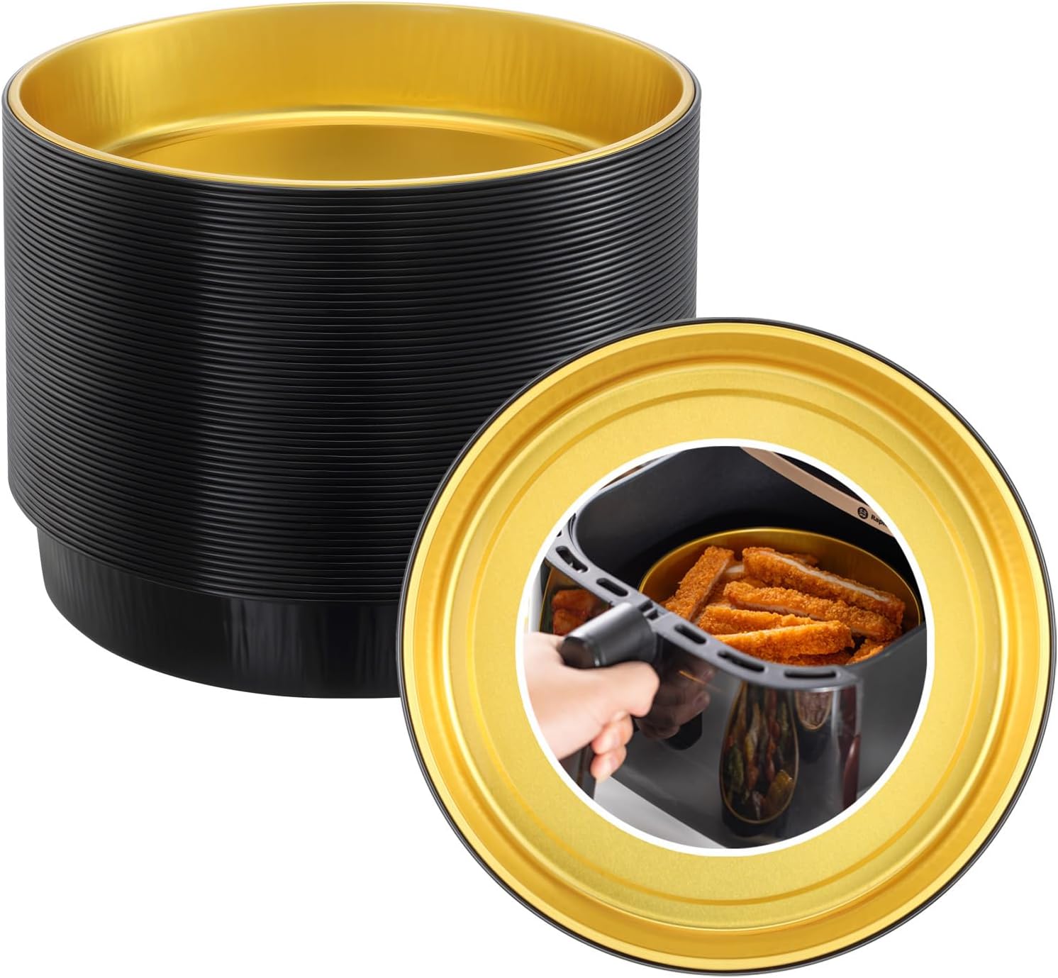 Air Fryer Disposable Aluminum Foil Pans, 50 Pack – 7 Inch Round, 24.5oz, Thickened High-Heat Safe Liners for Air Fryer, Oven & Baking, Food-Grade Black & Gold, Reusable & Dishwasher Safe