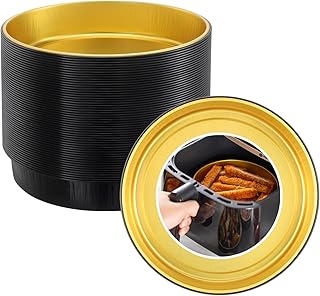 Reusable Aluminum Foil Air Fryer Pans, 50-Pack, 7.1-Inch Diameter, 1.6-Inch Depth, 24.5-Ounce Capacity, Food-Grade, Black & Gold, Thickened for High Temperatures, Dishwasher Safe
