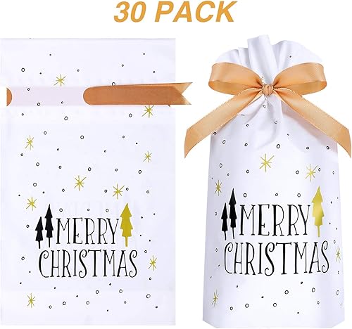 Miniatura 2 de Frienda - Paquete de 30 bolsas de regalo de Navidad con estampado de árbol de Navidad, bolsa de dulces con cordón para galletas y caramelos, bolsa